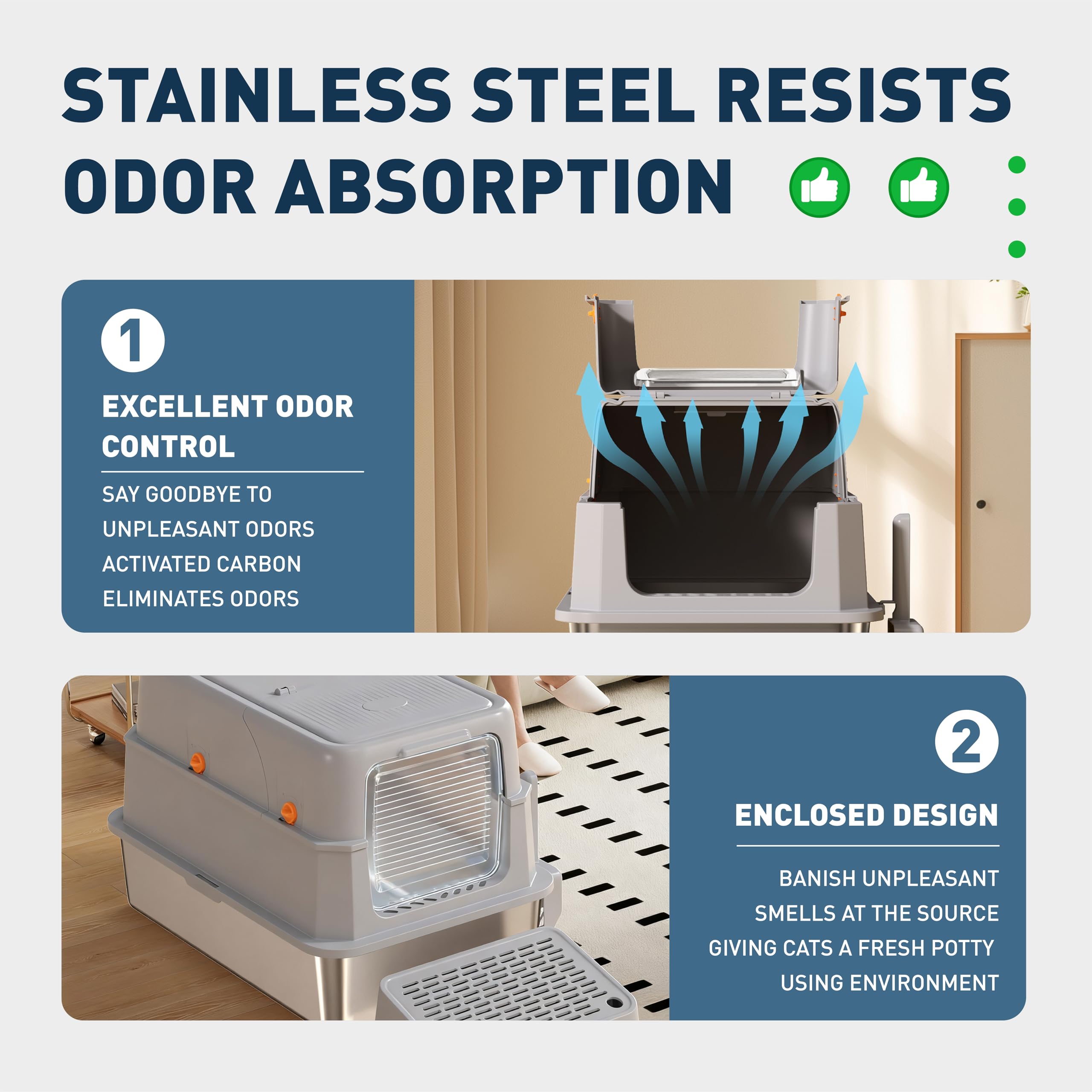 Stainless Steel Cat Litter Box - Gray High-Sided Enclosed Design, Anti-Leak, Reduces-Odors, Non-Sticky, Easy to Clean, Metal Cat Litter Box, High Side Includes Scoop and Steps, Large Capacity - image 6