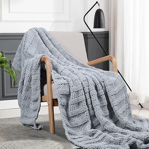 DUIDY Manta de punto grueso, 100% tejida a mano, lujosa, suave y acogedora manta de chenilla para sofá, manta gruesa y cálida para invierno (60 x 80