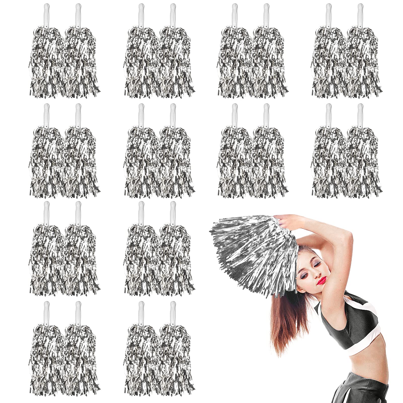 DILIBRA 24 Pcs Metallic Cheerleading Pom Poms with Baton Handle (Sliver)