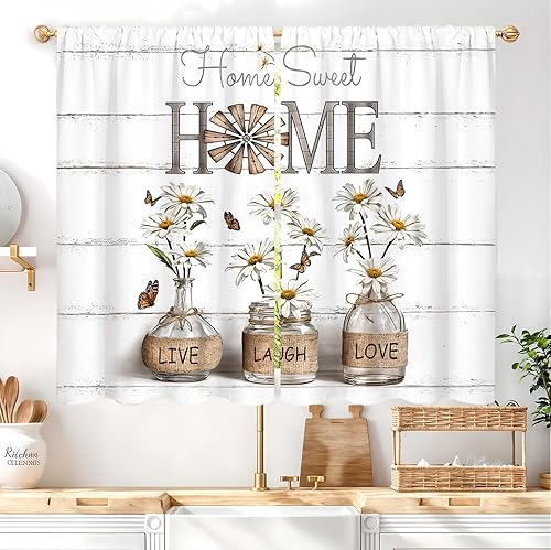 Miniatura 28 de Rusitc - Cortinas de cocina de algodón para granja, 27.5 pulgadas de ancho x 39 pulgadas de largo, 2 paneles con bolsillo para barra, estilo retro,