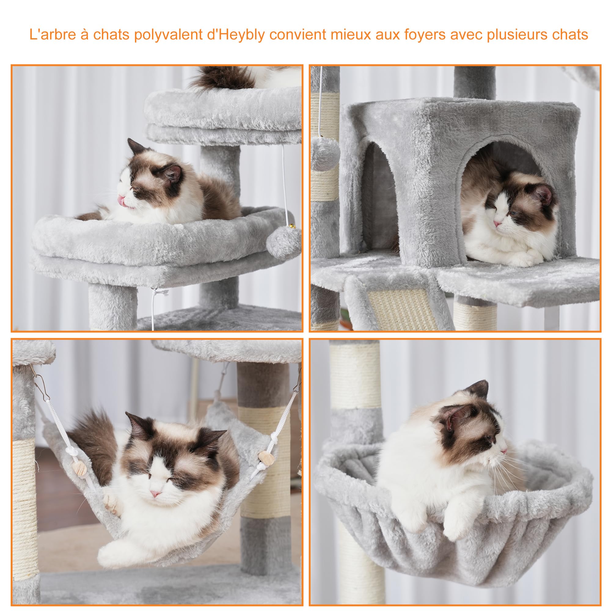 Heybly Arbre À Chat, Tour De Griffer 180 cm, 2 Plateformes, 2 Cabanes De Sommeil, 2 Hamacs, Panneau À Griffer. Grand Meuble pour Chats avec Endroit Dormir, Gris Clair HCT034W