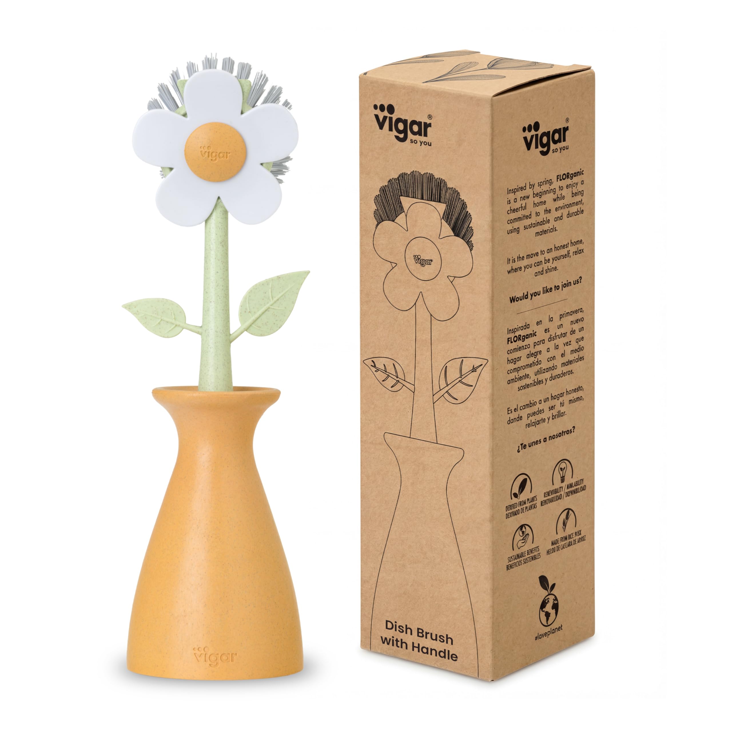 Vigar Floral Dish Brush & Holder - Orange -1