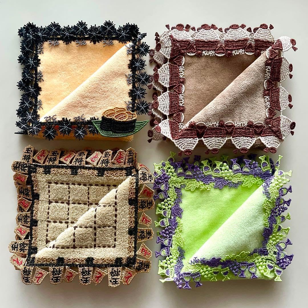 近沢レース店 ボルダリング オレンジMIX シーズンタオルハンカチ 即・!近沢レース うに&amp;くり&amp;将棋&amp;ワイン ハンカチ4枚セット①