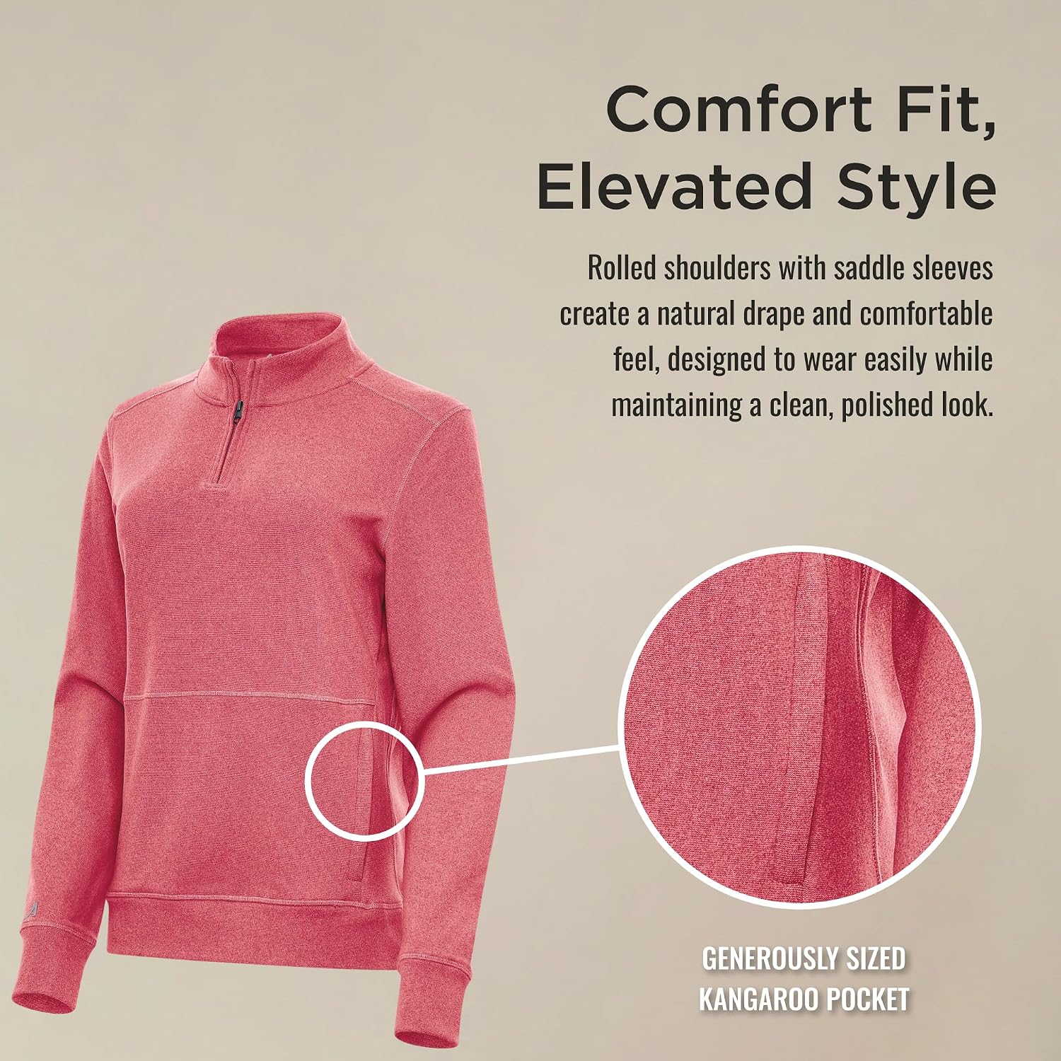 Antigua Women’s Crush Quarter Zip Fleece, Soft Brushed Heather Fabric Pullover, Warm Cozy Athletic Performance Layer Top