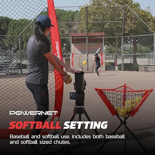 Vista 7 de PowerNet Launch F-lite Softball & Baseball Pitching Machine, Dimpled Practice Balls, Bucket of Baseballs, Coaching Bucket Bundle for Pitching