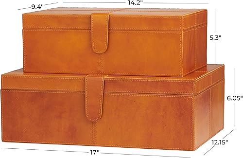 Miniatura 6 de Deco 79 Caja decorativa de cuero hecha a mano con cierre frontal a presión y costuras detalladas, juego de 2 cajas de almacenamiento de 17 pulgadas,