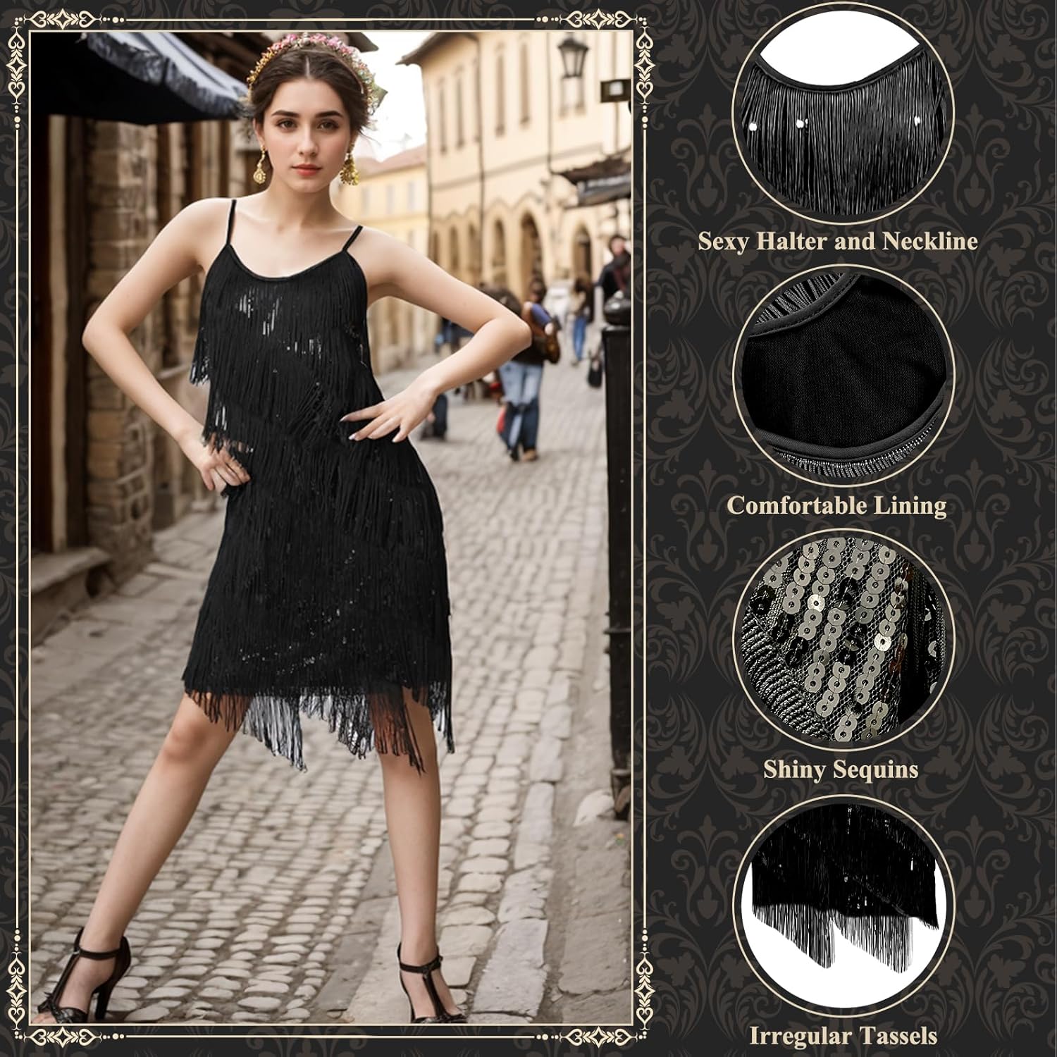 PLULON Women's 1920s Gatsby Sequin Fringed Vintage Flapper Dress Cocktail Party Dress with 20s Accessories Costume Set - Image 3