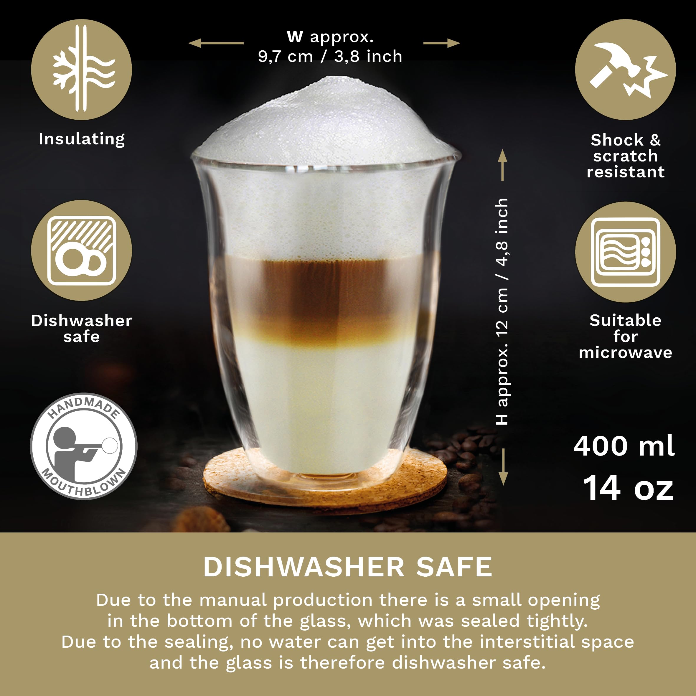 Creano Double Walled Coffee Glasses 400ml, Insulated Latte Macchiato Cups, Cappuccino, Tea, Handmade Heat Resistant XXL Mugs - Image 3