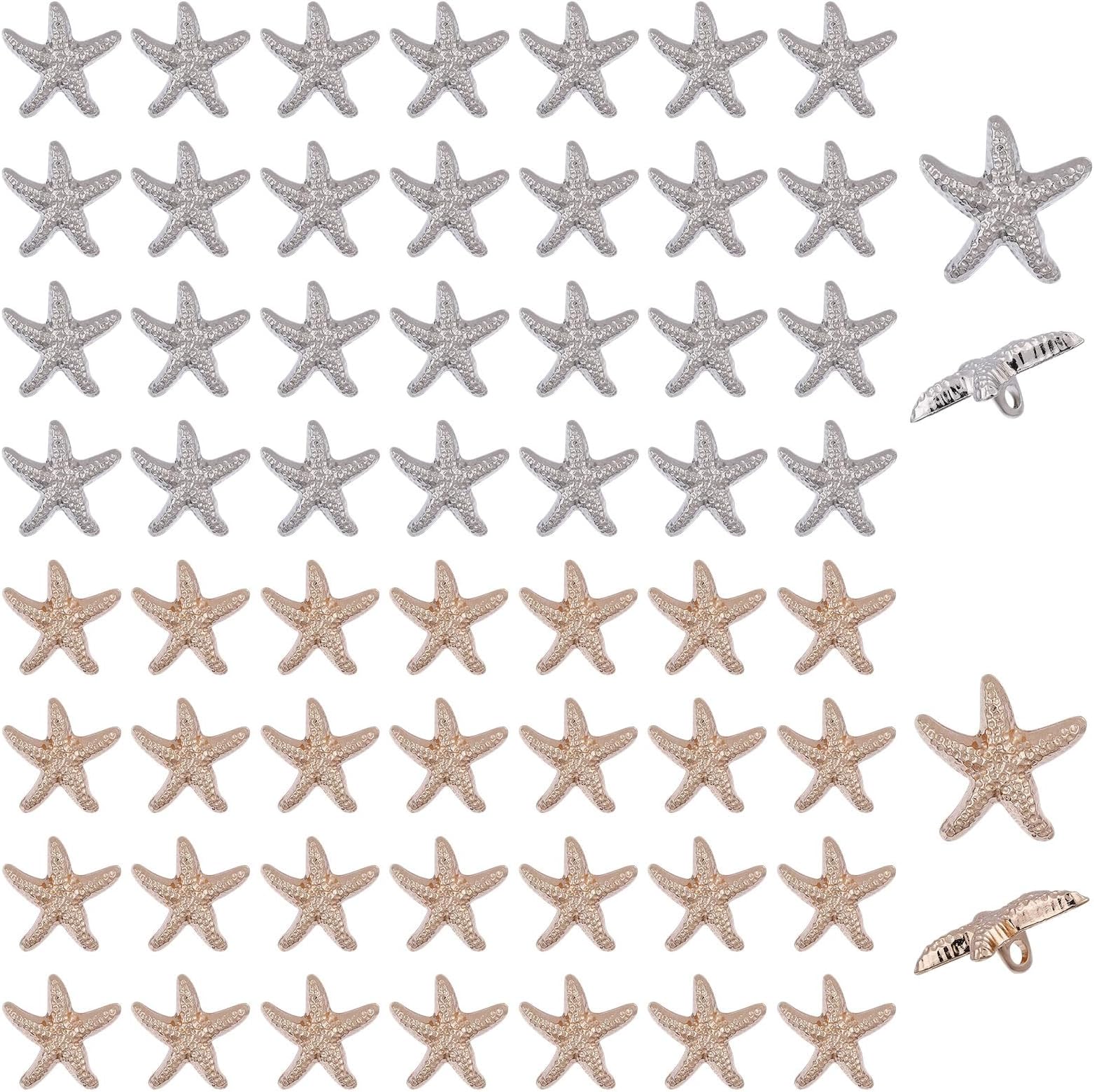 50Pcs Starfish Shaped Shell Buttons 20mm Gold Silver Alloy Antique Metal Shank Buttons Handmade Ocean Seashells Decorative Accessories for Sewing Dresses Suits Shirts
