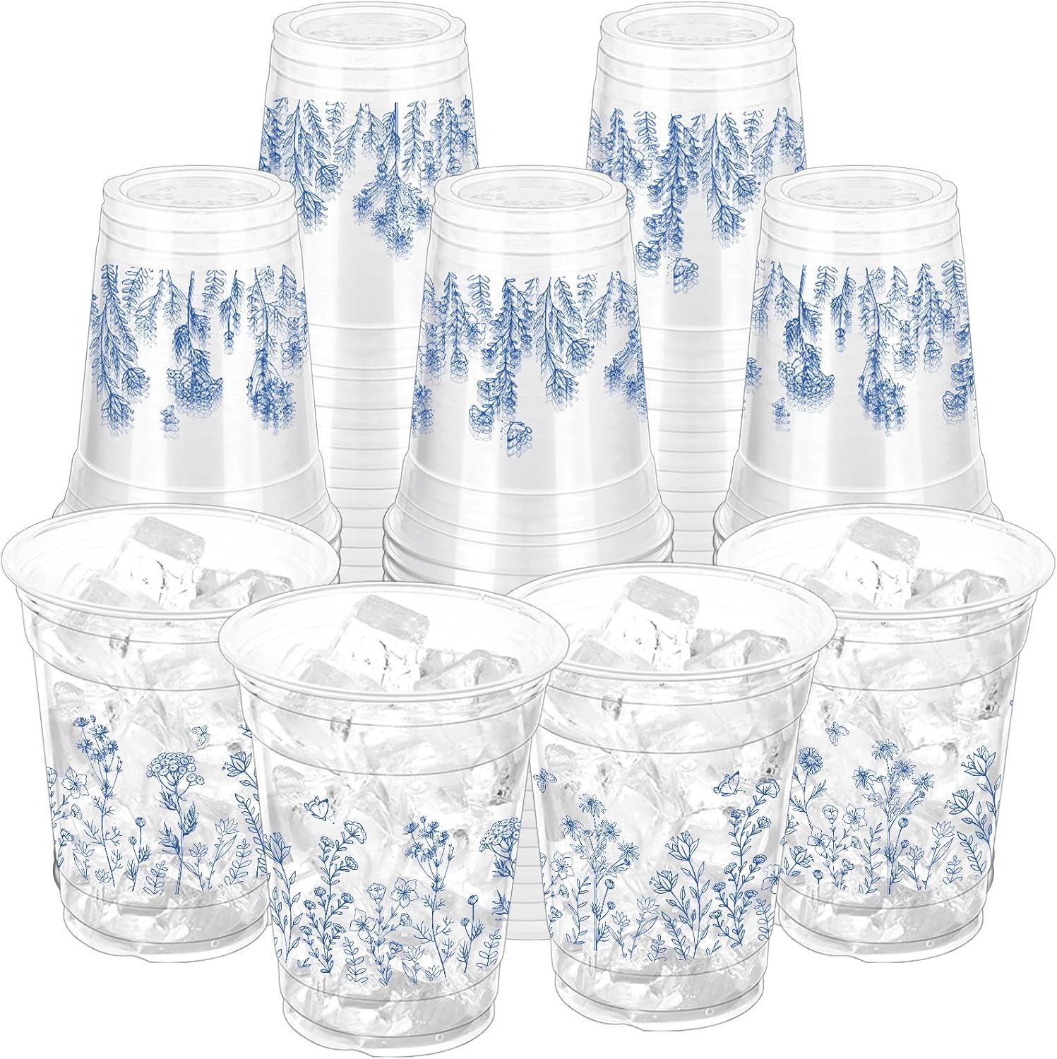 100 Pcs Chinoiserie Disposable Plastic Cups,16 oz Blue and White Flower Clear Plastic Cups for Birthday, Baby Shower, Wedding and Tea Party Drinking Cups Supplies