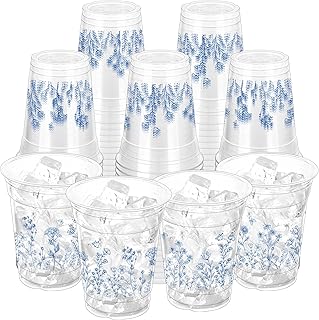 100 Pcs Chinoiserie Disposable Plastic Cups,16 oz Blue and White Flower Clear Plastic Cups for Birthday, Baby Shower, Wedding and Tea Party Drinking Cups Supplies