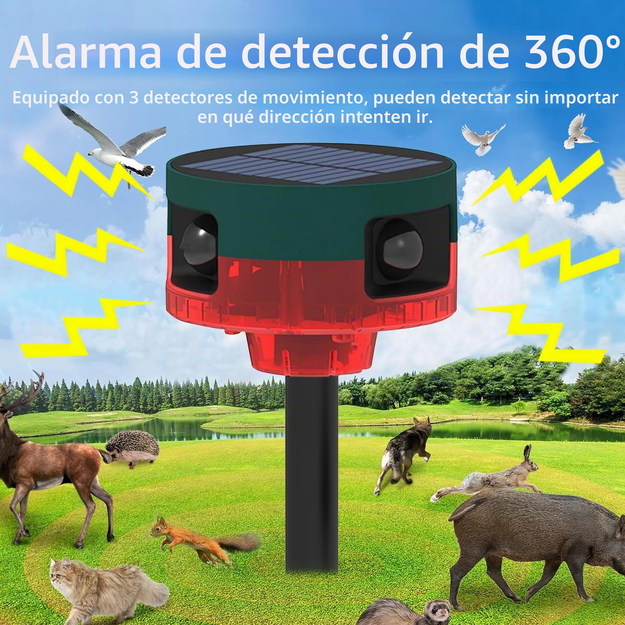 Alarma con Sensor de Movimiento Solar para Exteriores: Sonido de ladridos de Perros y Disparos, Sirena Fuerte de 129 db, admite grabación, 13 Tipos de Sonido (911S Red 2PCS)