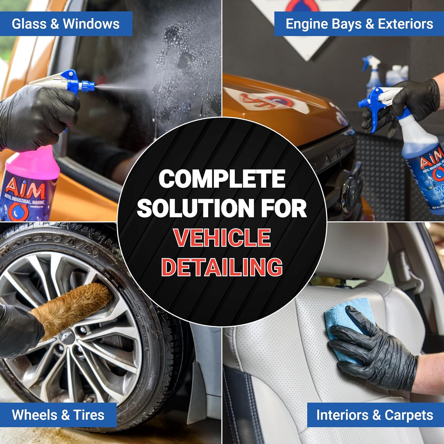 A.I.M. Chemicals 15 pce Professional Car Wash Kit - 5ea. 32oz. Bottles of Cleaning Concentrates Car Care, Complete Cleaning Kit for Wheels,Tires, Engines,Glass,Carpet,Upholstery,Vinyl,Painted Surfaces
