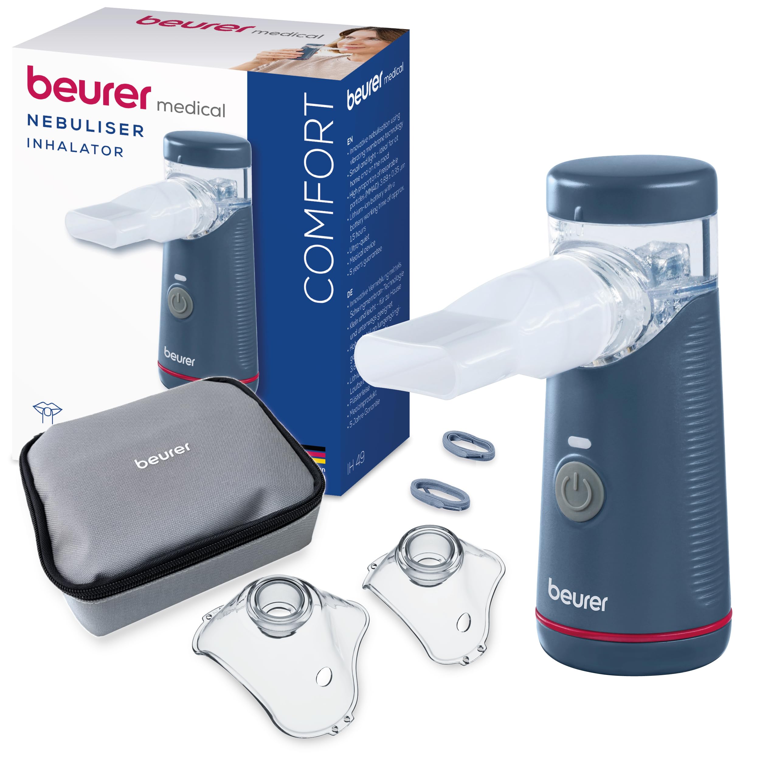 Beurer IH 49 Nebuliser, Portable Inhalation Device for Children and Adults, for colds, Asthma and Other Respiratory Diseases, Rechargeable Battery, Especially Quiet, with Storage Bag