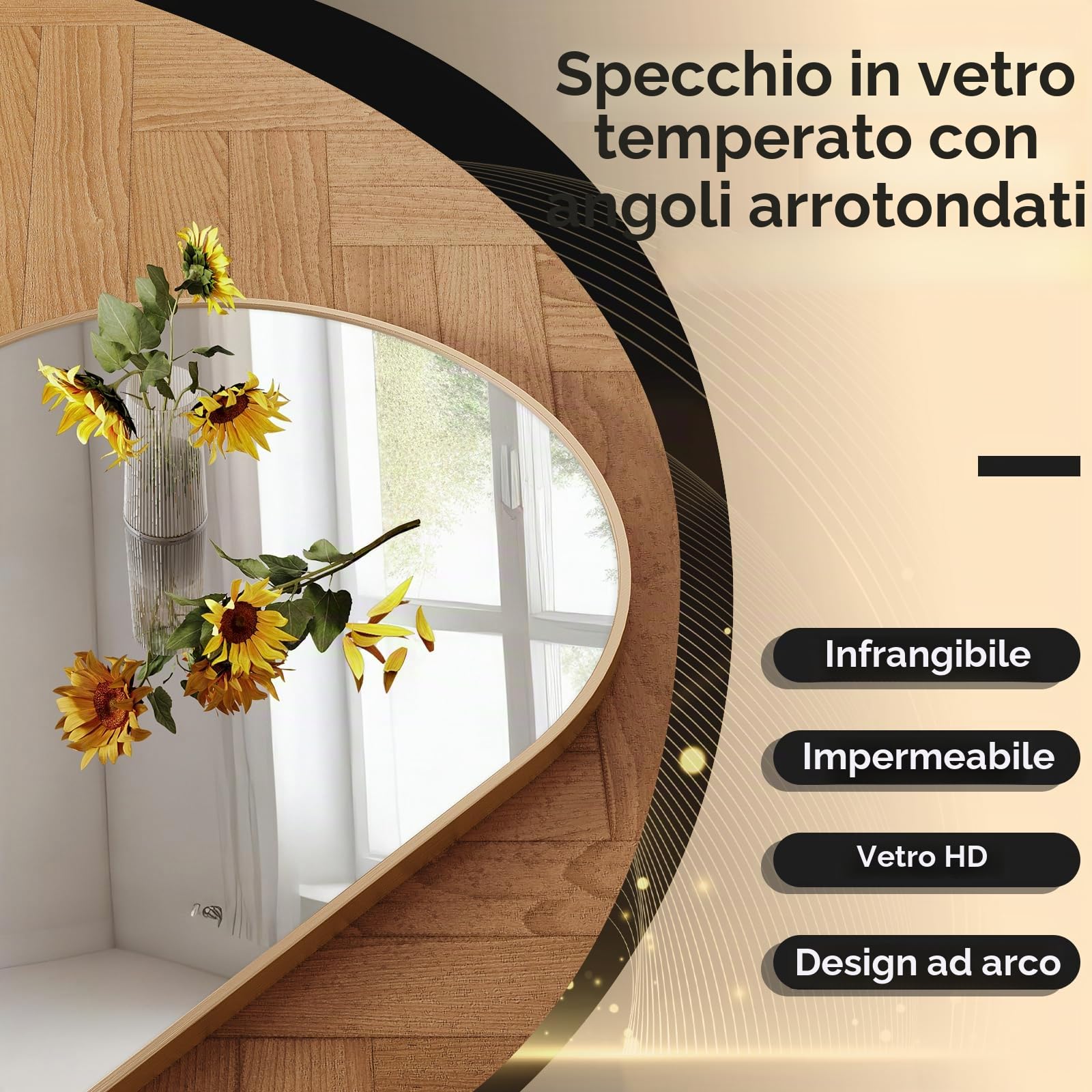 Clevich Specchio da parete ad arco con oro, 96x66 cm, Decorativo da parete ad arco semicircolare, Con cornice in alluminio spazzolato, per bagno, corridoio, soggiorno, camera da letto, Infrangibile