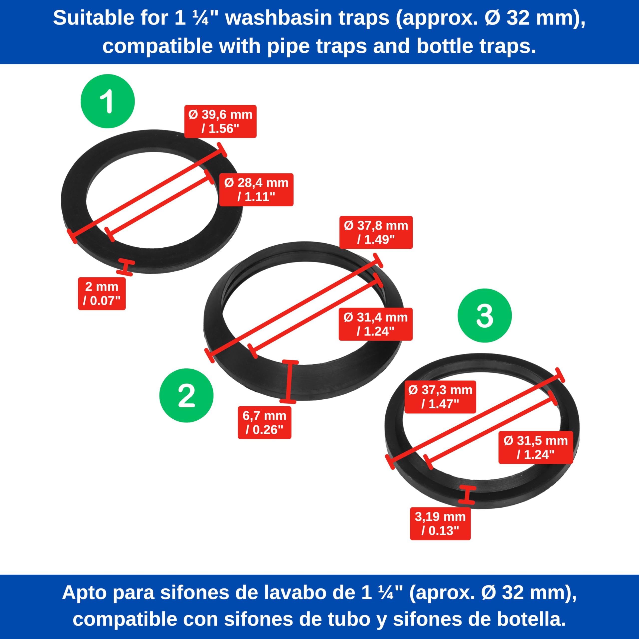 Set di guarnizioni per sifoni da 1 ¼", 4 guarnizioni a cuneo, 6 guarnizioni piatte, in gomma, in nero, per bagno, cucina, guarnizione per lavabo, anelli di tenuta per scarico da 1 1/4 di pollice