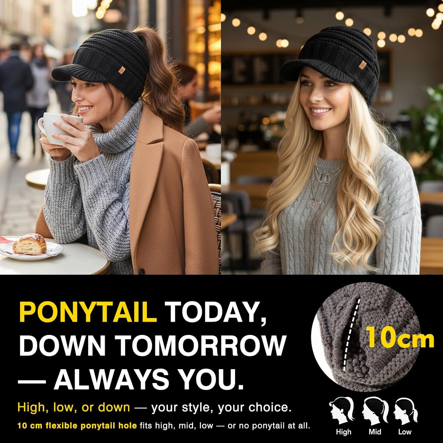 TOP-EX Fleece Lined Ponytail Hole Visor Beanie – Winter Warmth for High & Low Ponytails - Image 3