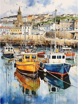 Artery8 Penzance Harbour Trawler Boats Promenade Watercolour Painting Cornwall Coastal Townscape Large Wall Art Poster Print Thick Paper 18X24 Inch