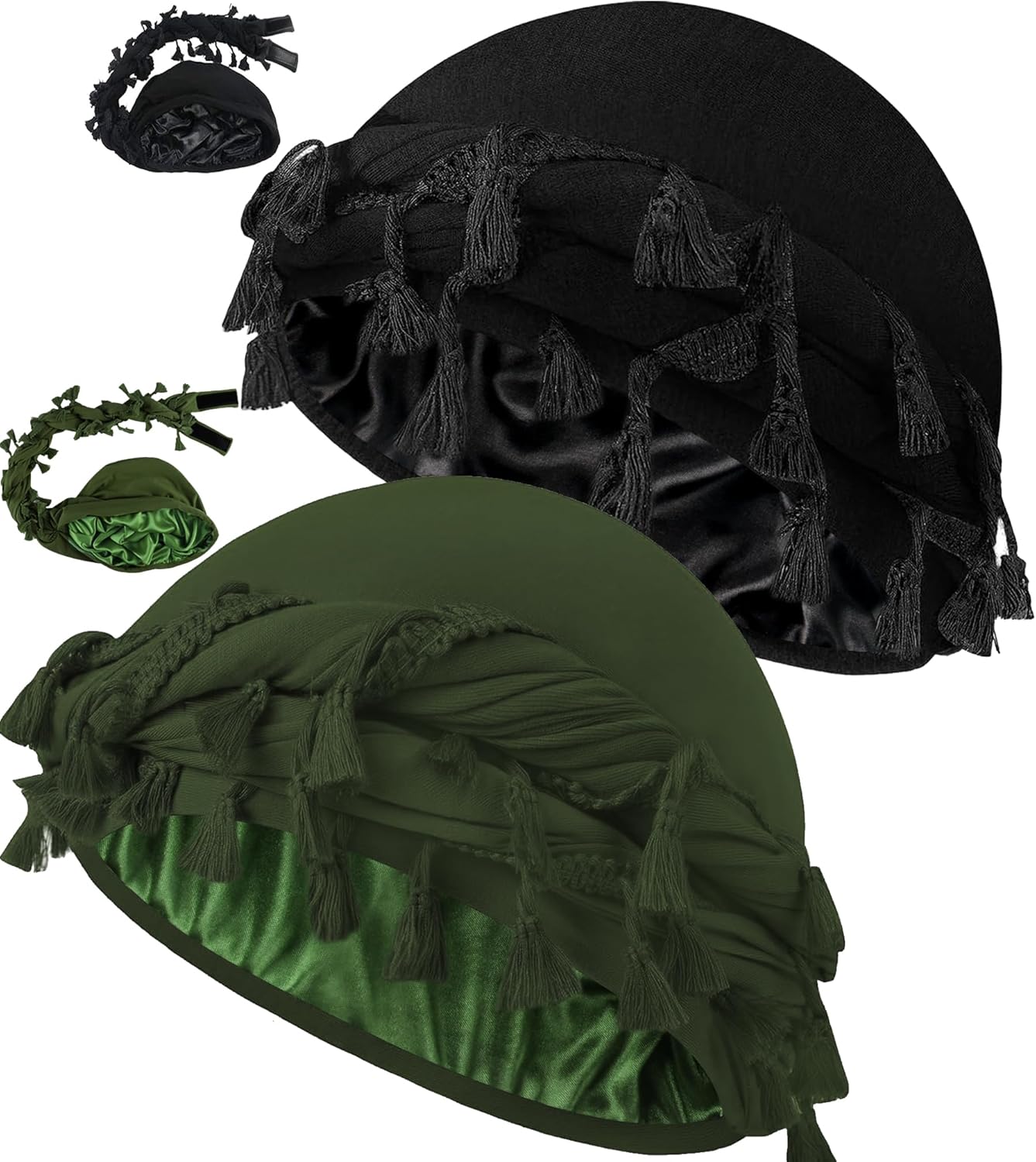 Ababalaya Adjustable Satin Lined Halo Turban for Men Women Twisted Tassel Head Wraps Sleep Cap Beanies Turban Durag