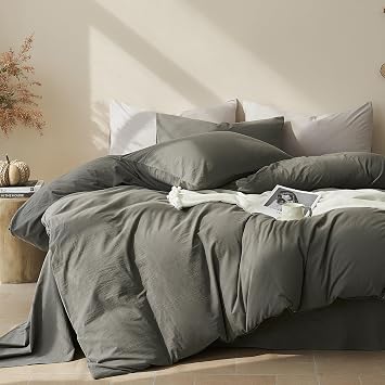 JELLYMONI 100% Cotton Twin Duvet Cover Set, Washed Linen-Like Texture | Pre-Shrunk, with Natural Wrinkles, Wide Zipper Opening, Colorfast, 8 Reinforced Ties,1 Duvet Cover&1 Pillowcase