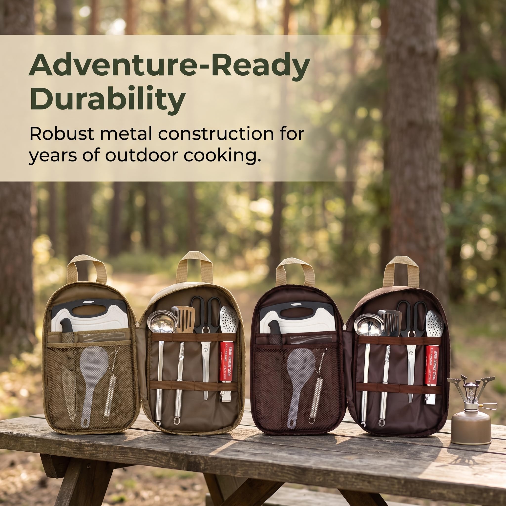 Juego Unsilios Cocina Camping Acero Inoxidable para Acampada y Actividas al Libre, Caqui