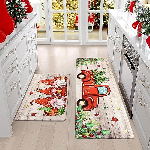 Miniatura 2 de Pauwer Juego de 2 alfombras de cocina de Navidad, tapete de cocina de gnomo, antideslizante, antifatiga, para piso, juego de alfombras de cocina