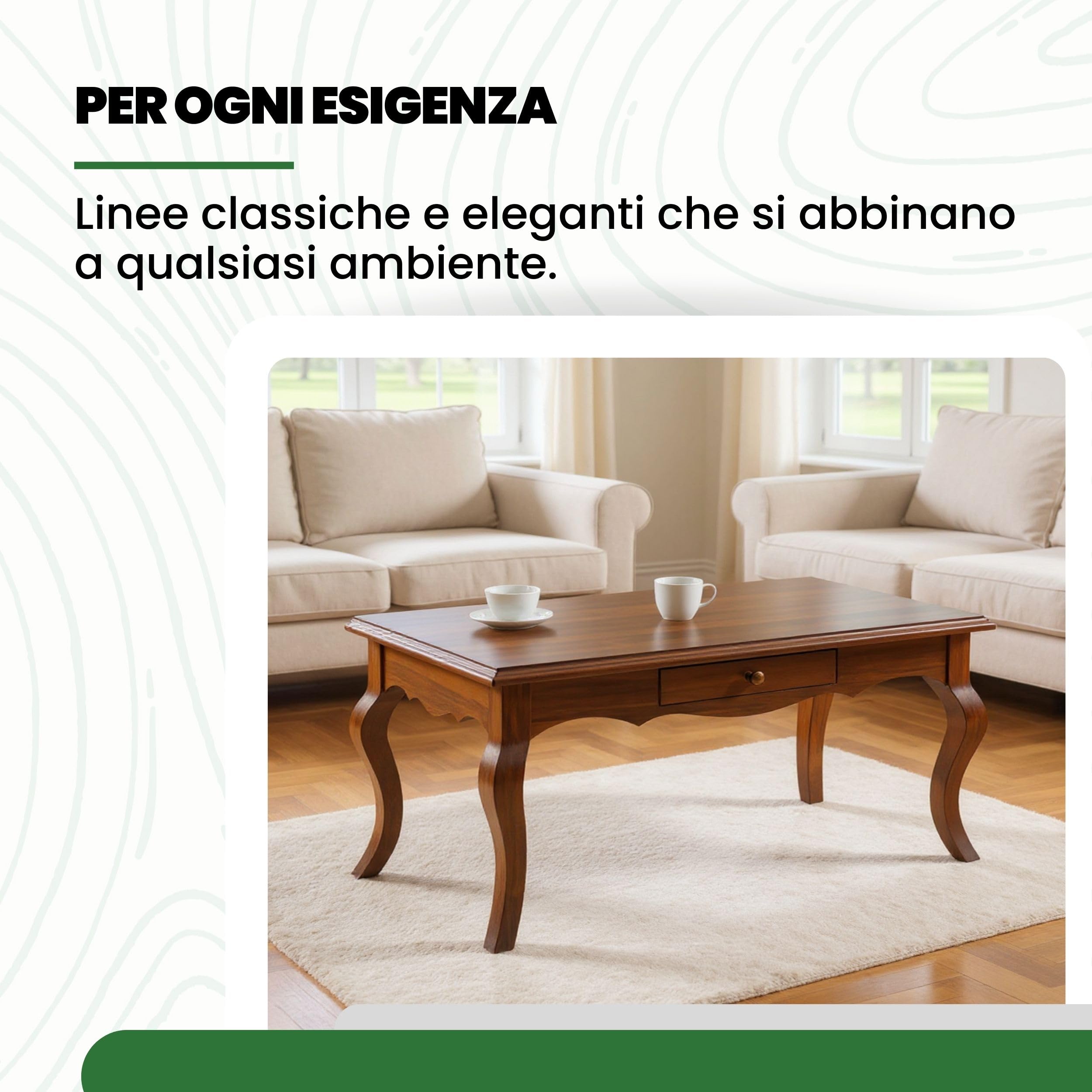 Mar.c.a. Design - Tavolino Rettangolare con Cassetto e Gambe Curve - Tavolino Legno Salotto 100x50x45 cm in Stile Arte Povera - Made in Italy
