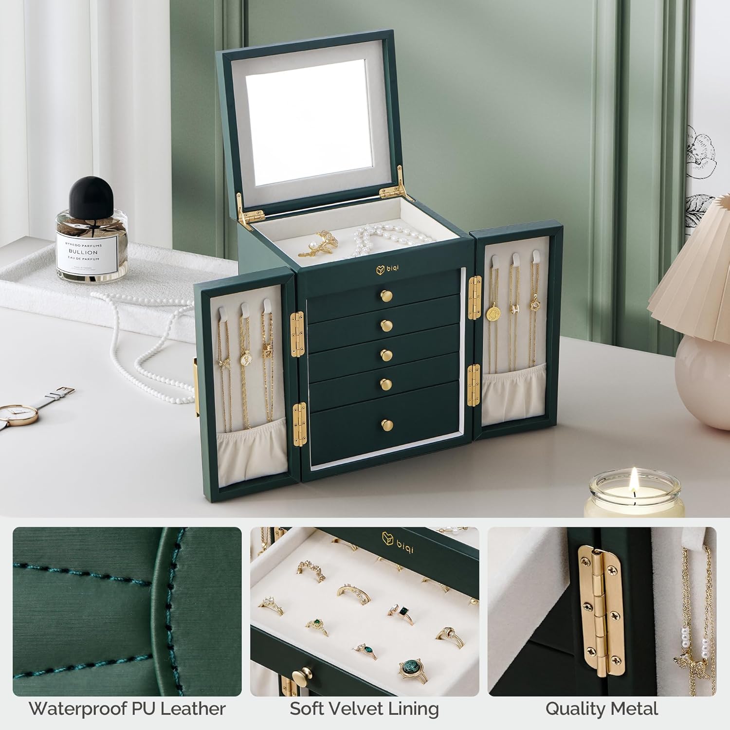 Jewelry Box for Women, 6-Tier Large Jewelry Organizer Box with Mirror, 5 Drawers for Rings Earrings Necklace Bracelets, Exquisite Metal Handle, Dark Green