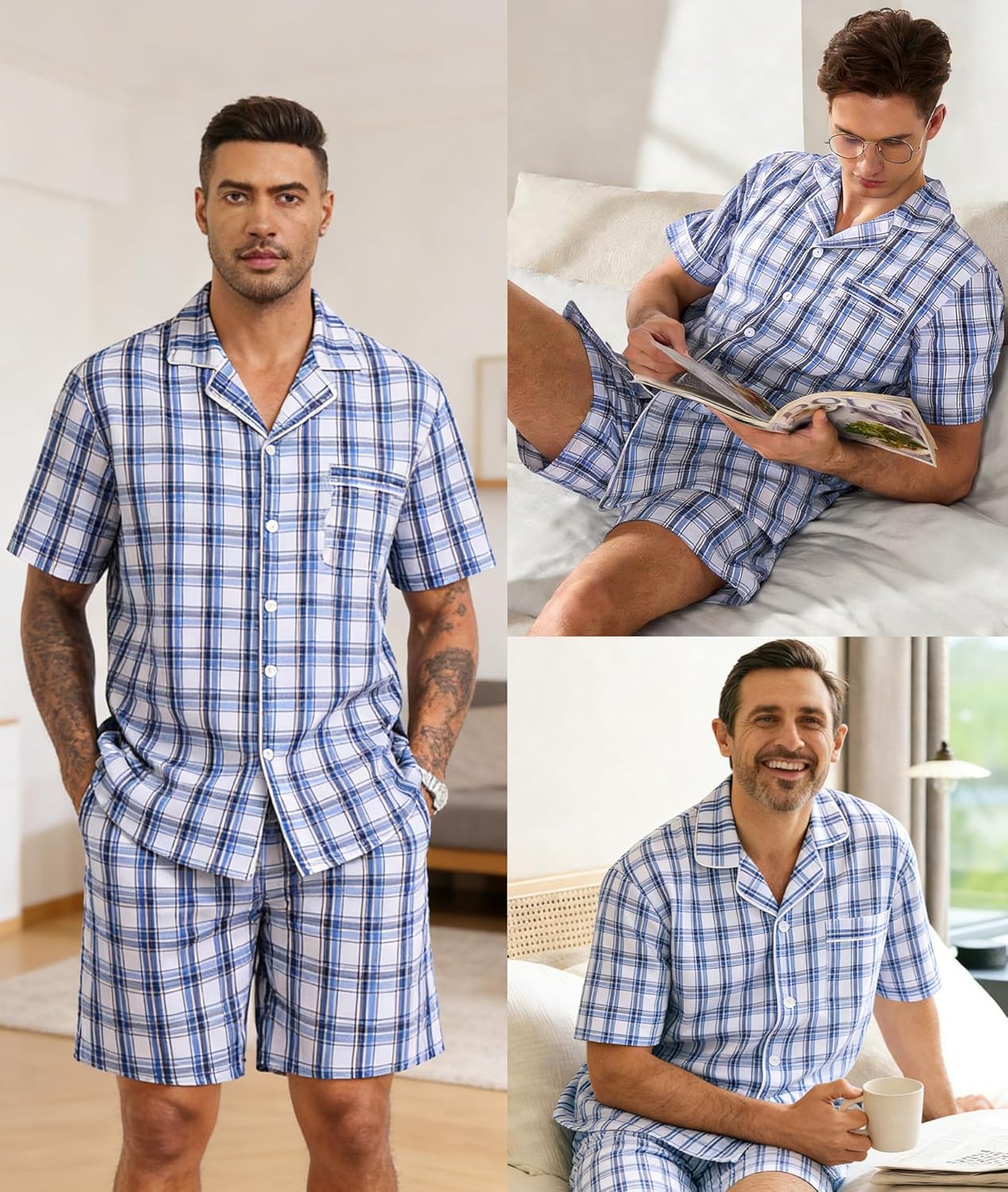 SWOMOG Mens 100% Cotton Pajama Set 2Pcs Button Down Pjs Set Short Sleeve Sleepwear with Pocket Soft Summer Stripe Nightwear - Image 7