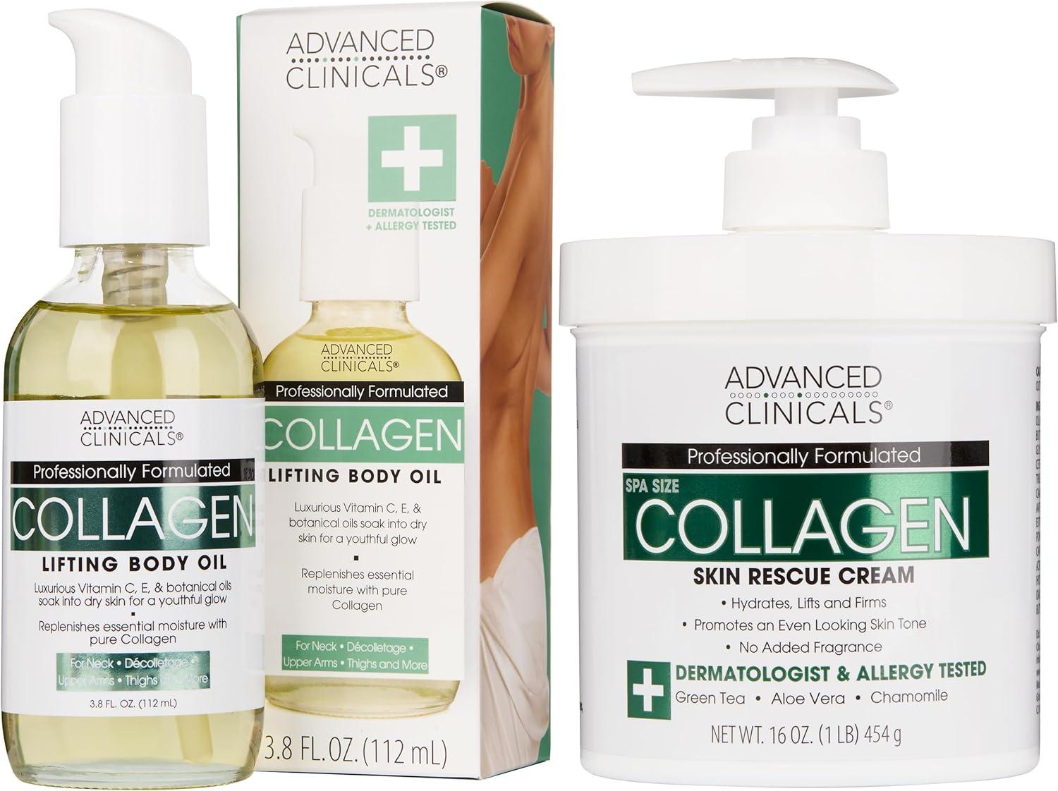 Advanced Clinicals Unscented Collagen Cream Face Moisturizer & Body Lotion + Collagen Body Oil Skincare 2pc Set For Women & Men Helps Reduce Appearance Of Crepey Skin, Wrinkles, & Dry Skin, 2PC Set