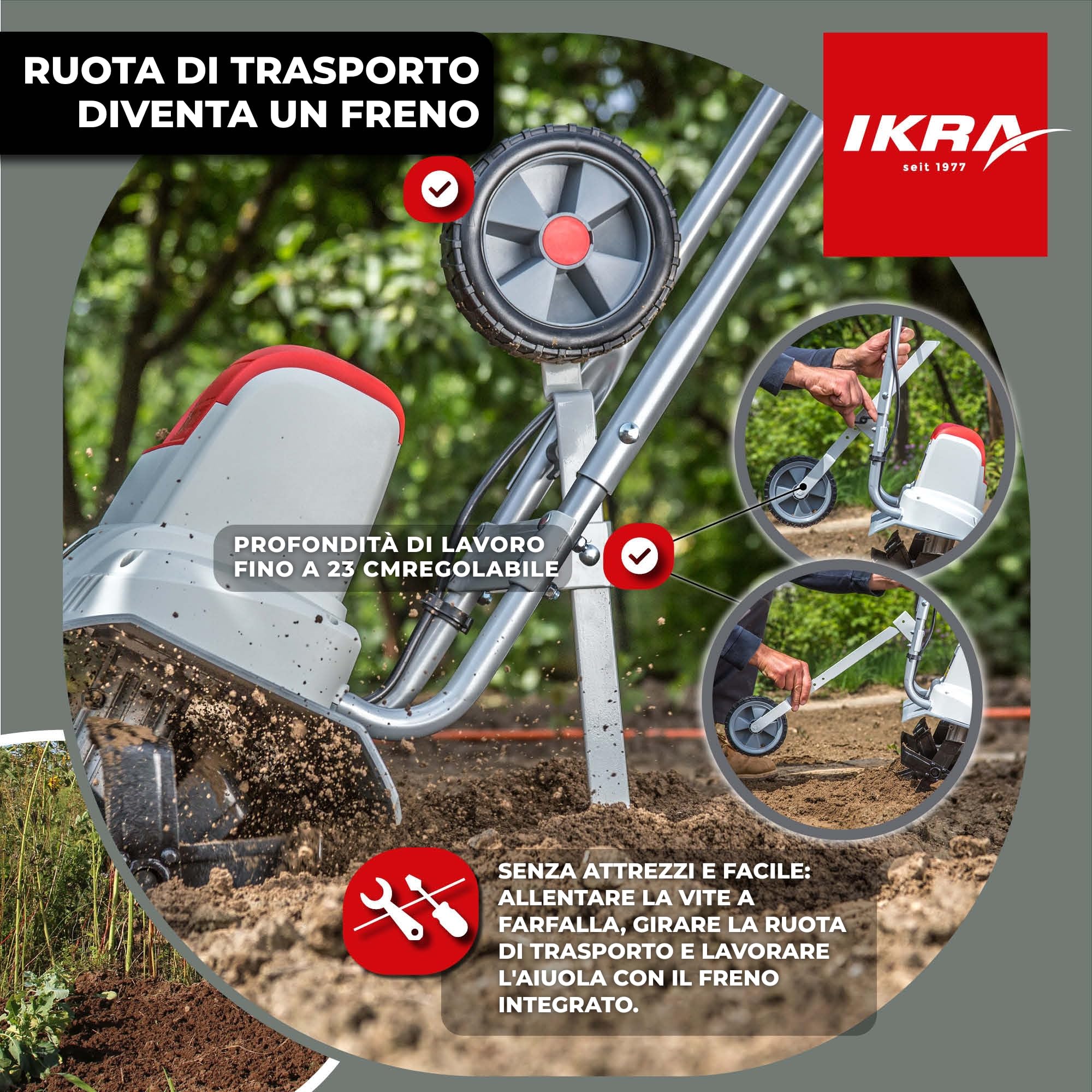 IKRA motozappa elettrica IEM 800S, larghezza di lavoro 30cm, profondità di lavoro 20cm, 800 W