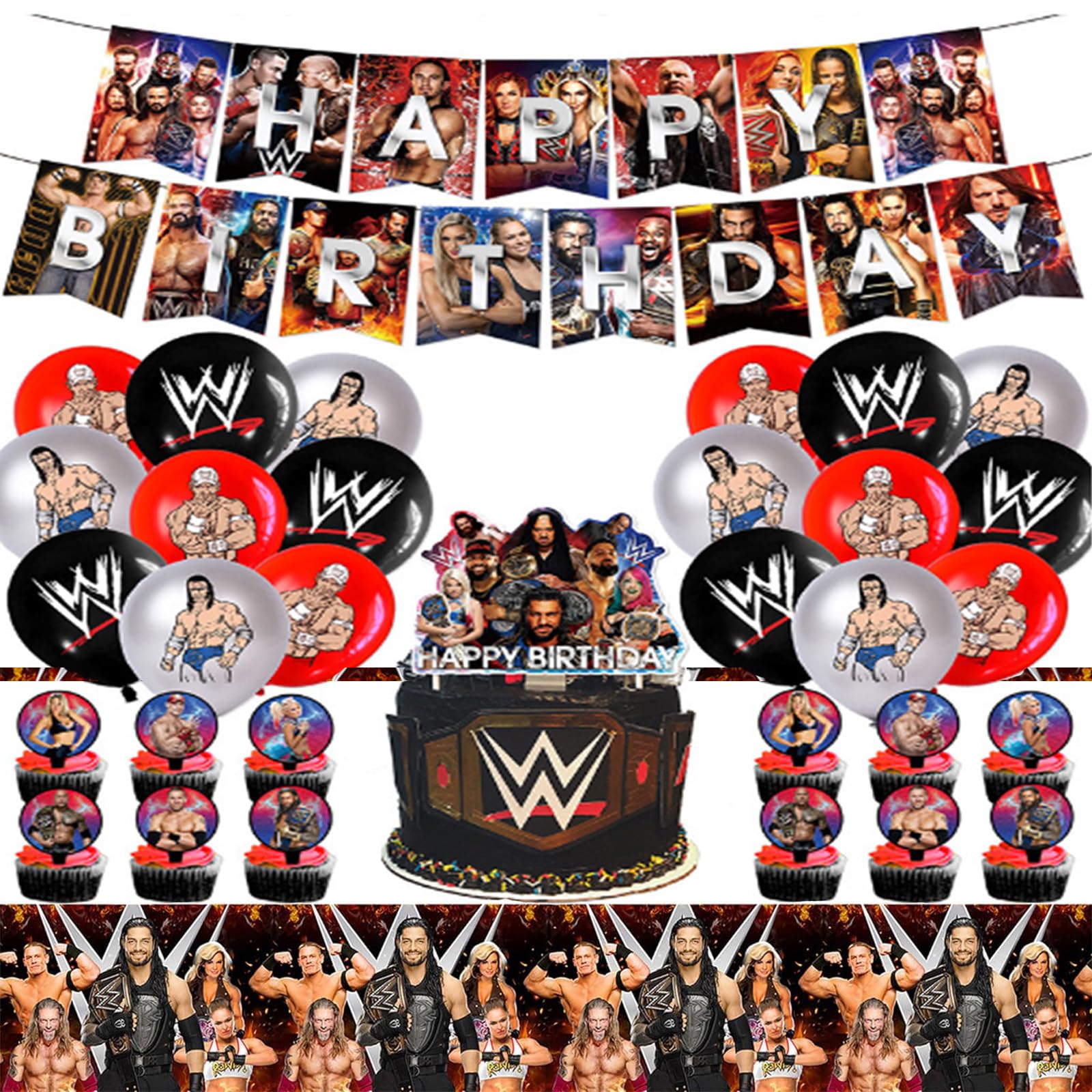 Happy birthday for Wrestling Party Decorations，Wrestling Birthday Party Supplies，Set Include Happy birthday banner Cake Topper Balloons Cupcake Toppers Tablecloth