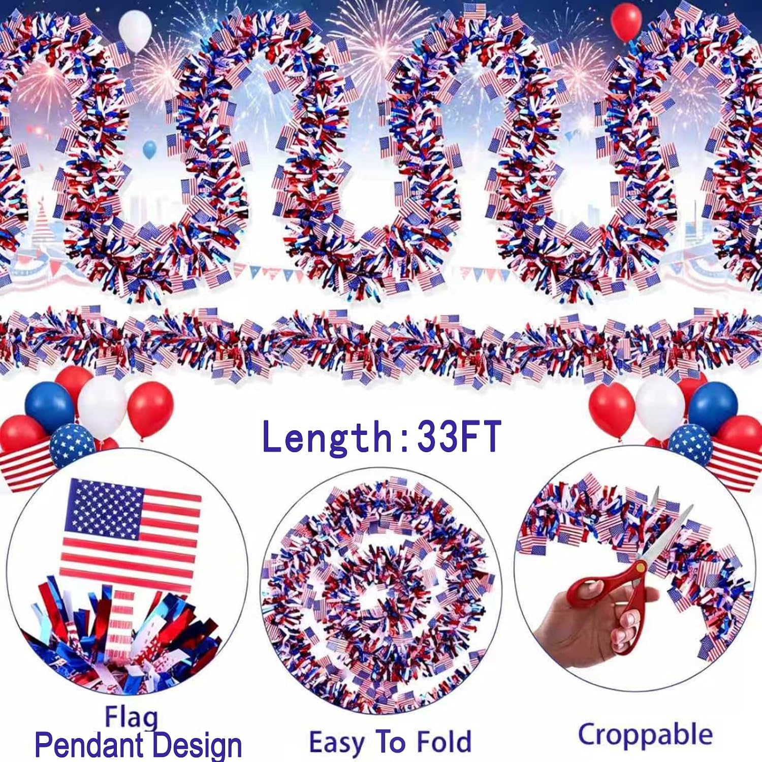 33Ft 2026 4th of July Garland Decorations, Glitter Tinsel Patriotic Decor 250 Anniversary USA Merchandise, Red White Blue with American Flags for National Independence Day Decor