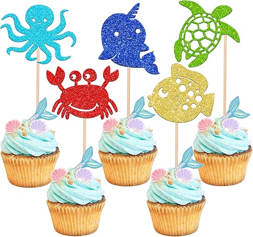 30 piezas de decoración de cupcakes de animales marinos del océano, pez narval, tortuga, pulpo, cangrejo, cupcakes, baby shower, bajo el mar,