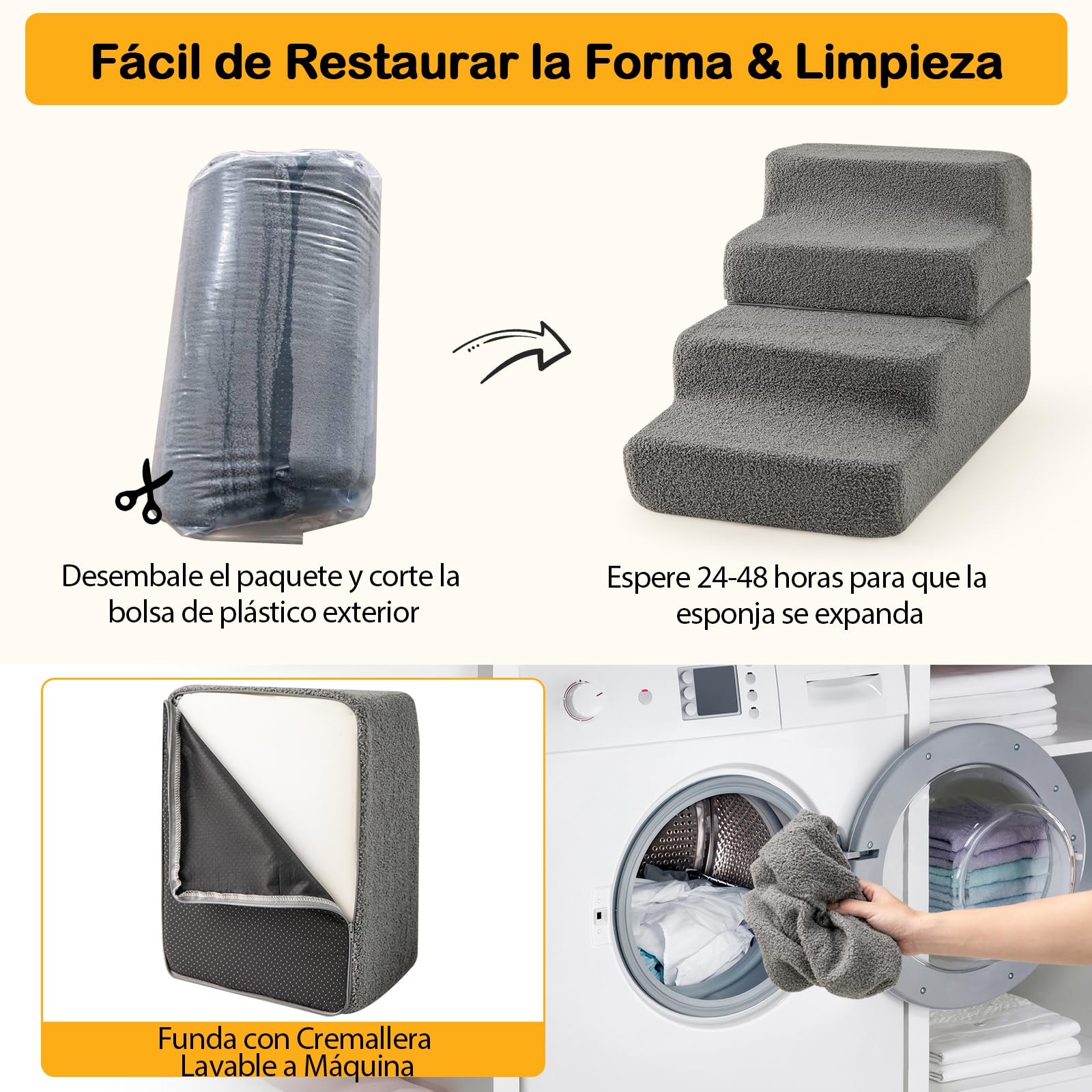 GYMAX Escalera para Perros 4 Peldaños, Rampa Plegable para Mascotas con Base Antideslizante, Combinaciones Desmontables, Escalera de Espuma para Sofá Cama, para Perros/Gatos Pequeños y Ancianos, Gris