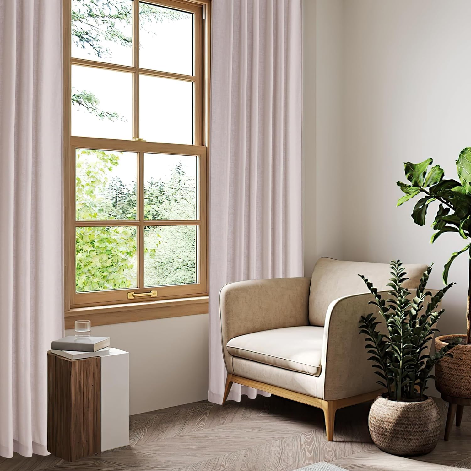 KGORGE Sheer Curtains 95 Inches Long - Linen Texture Semi Sheer Drapes Light Filtering Rod Pocket Back Tab Window Covering for Girls Room Bedroom Sliding Door, Dusty Pink, W52 x L95