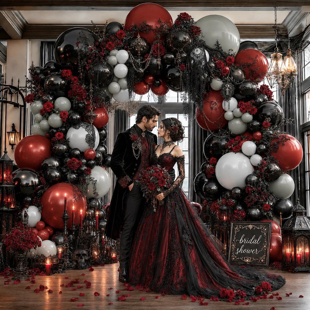 Kit de arco de globos rojo oscuro, negro y blanco con lazo, guirnalda de globos de doble relleno borgoña, negro, rojo, granate, gris, para cumpleaños, baby shower, aniversario, boda, graduación