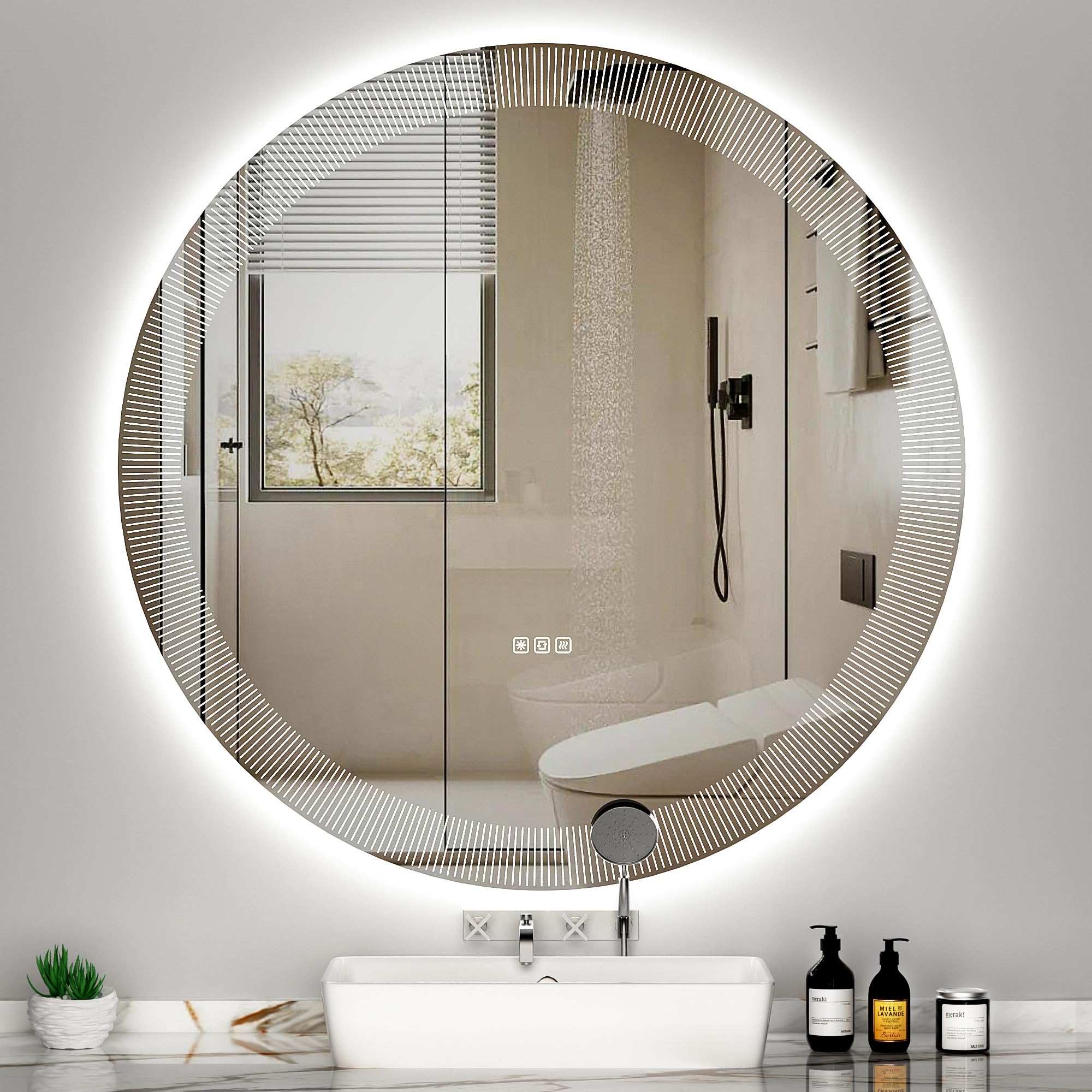 furduzz Round LED Bathroom Mirror, 800mm Wall Mounted Vanity Mirror with Anti-Fog, 3 Colors, Memory, Dimmable, IP44 Waterpoof, Touch Switch(White Stripes Patterned) — image 1