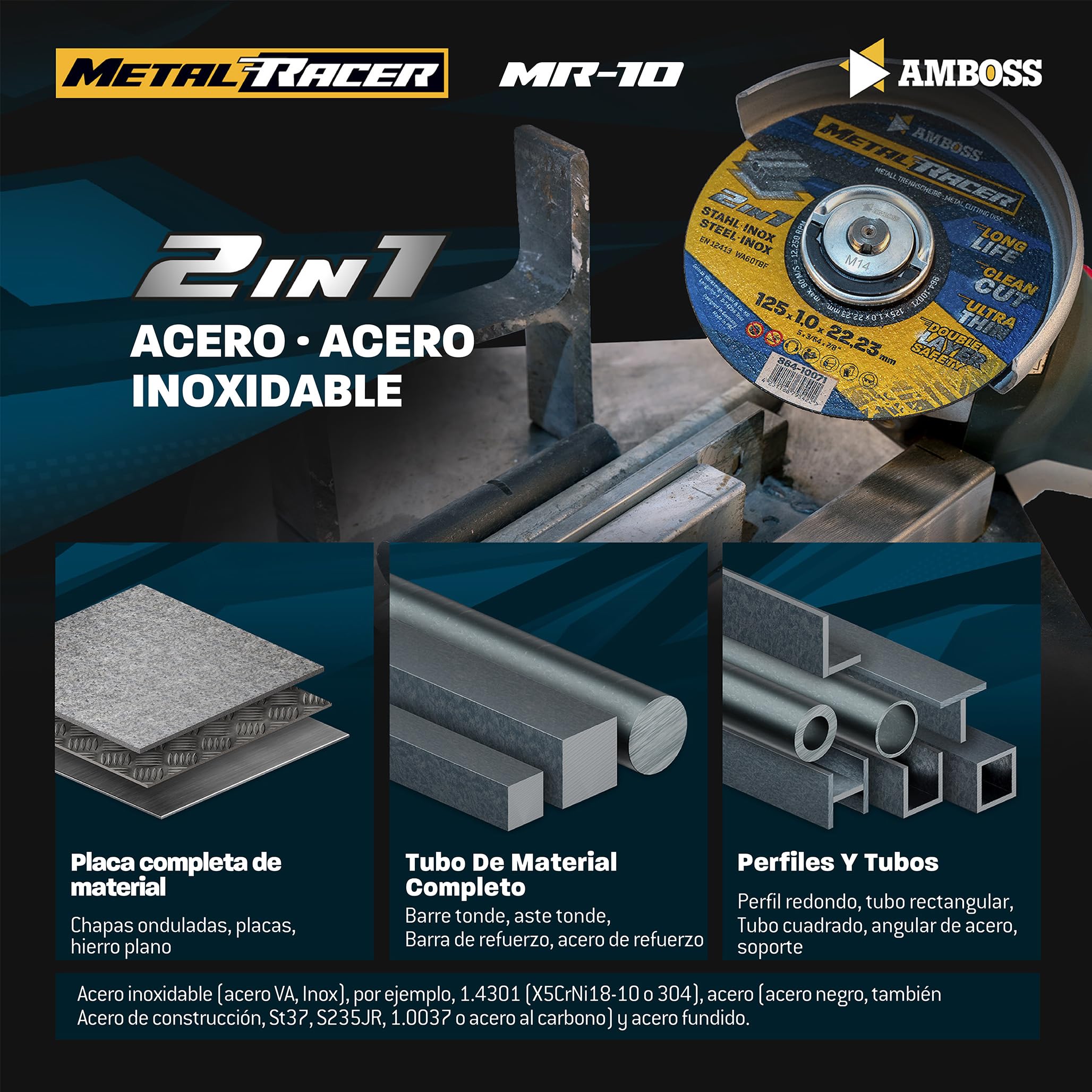 50 discos de corte de metal de 125 x 1 x 22,23 mm – El disco de corte de Metal Racer by AMBOSS WERKZEUGE es adecuado para acero y acero inoxidable