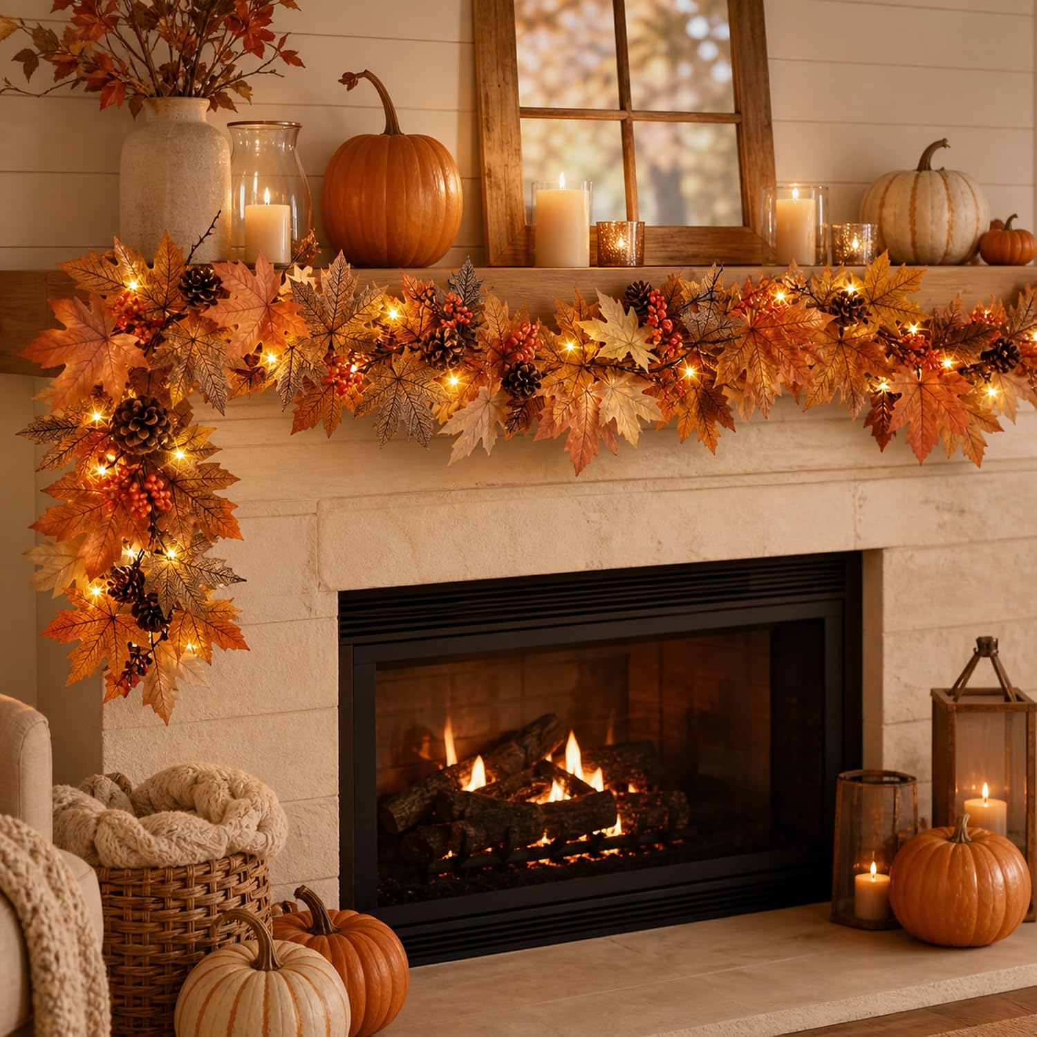 6 FT Lighted Fall Garland with Timer, Maple Leaves and Pinecones