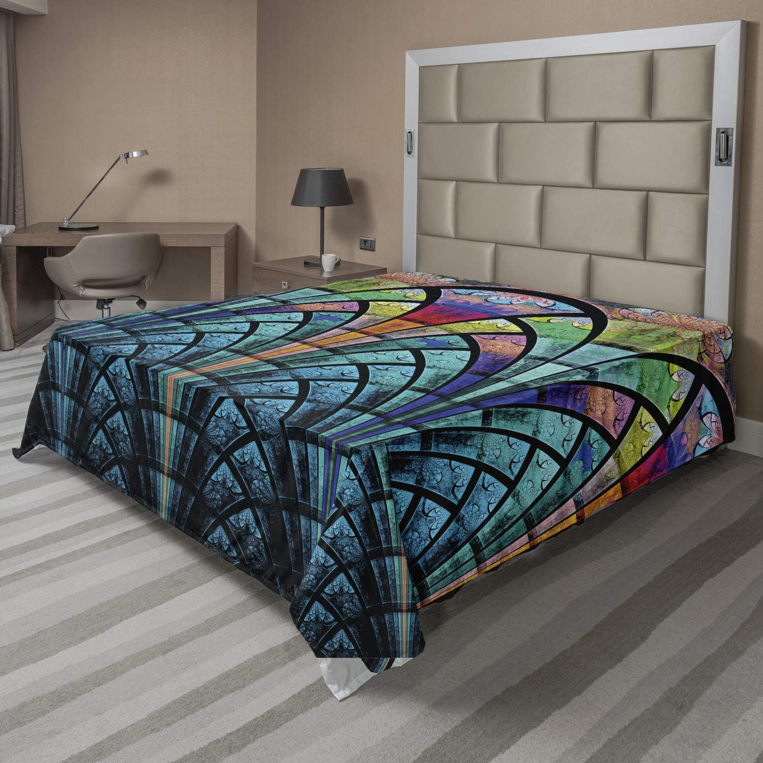 Ambesonne Abstract Flat Sheet, Curves Pattern with Weathered Colors and Blue Ombre Detail Graphic Floral Motifs, Soft Comfortable Top Sheet Decorative Bedding 1 Piece, Queen Size, Multicolor