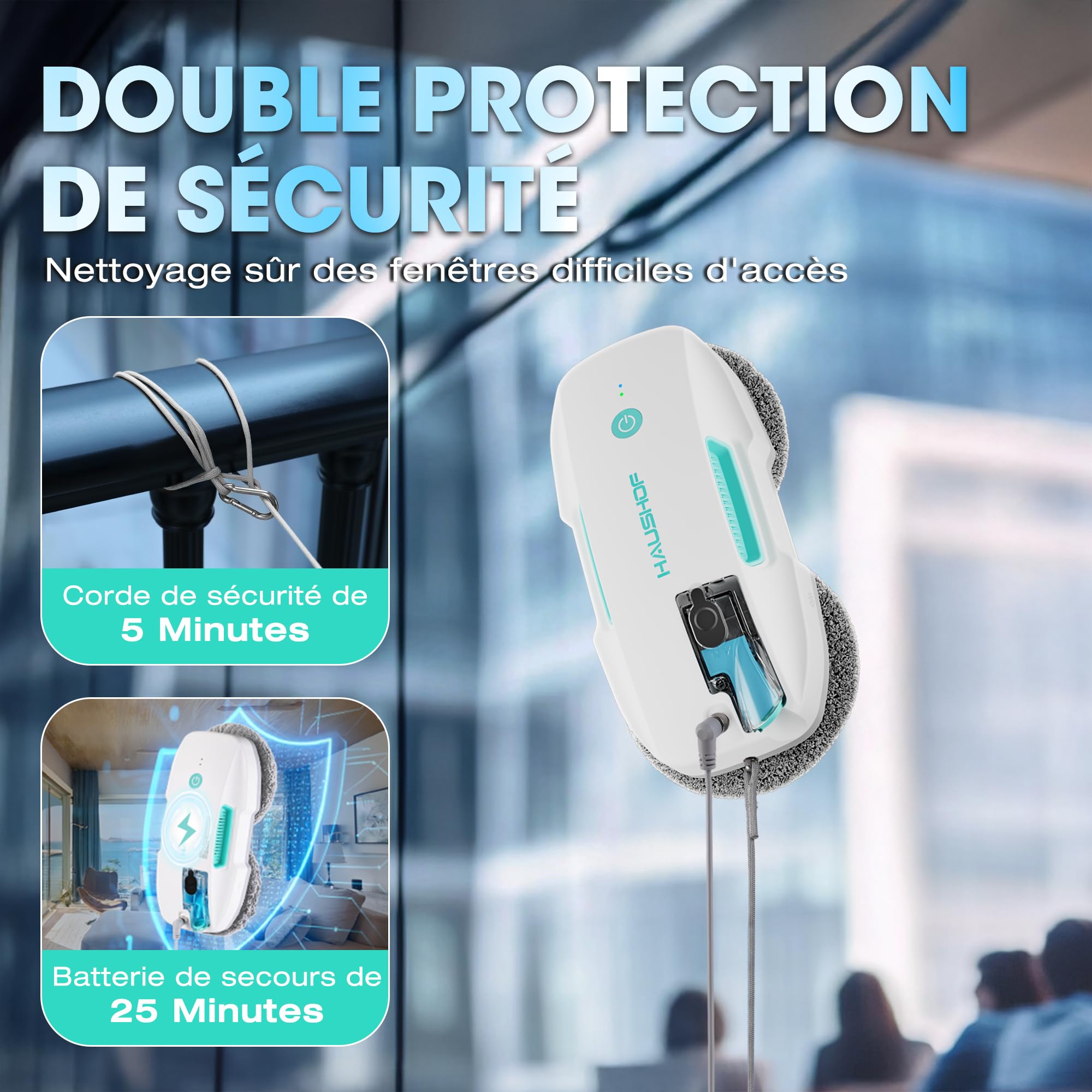 HAUSHOF Robot Nettoyeur de Vitres, Robot Laveur de Vitre Automatique, Nettoyeur de Vitres Électrique, Aspiration Puissante 3800Pa, Détection des Bords, Télécommandé, pour Surfaces Lisses