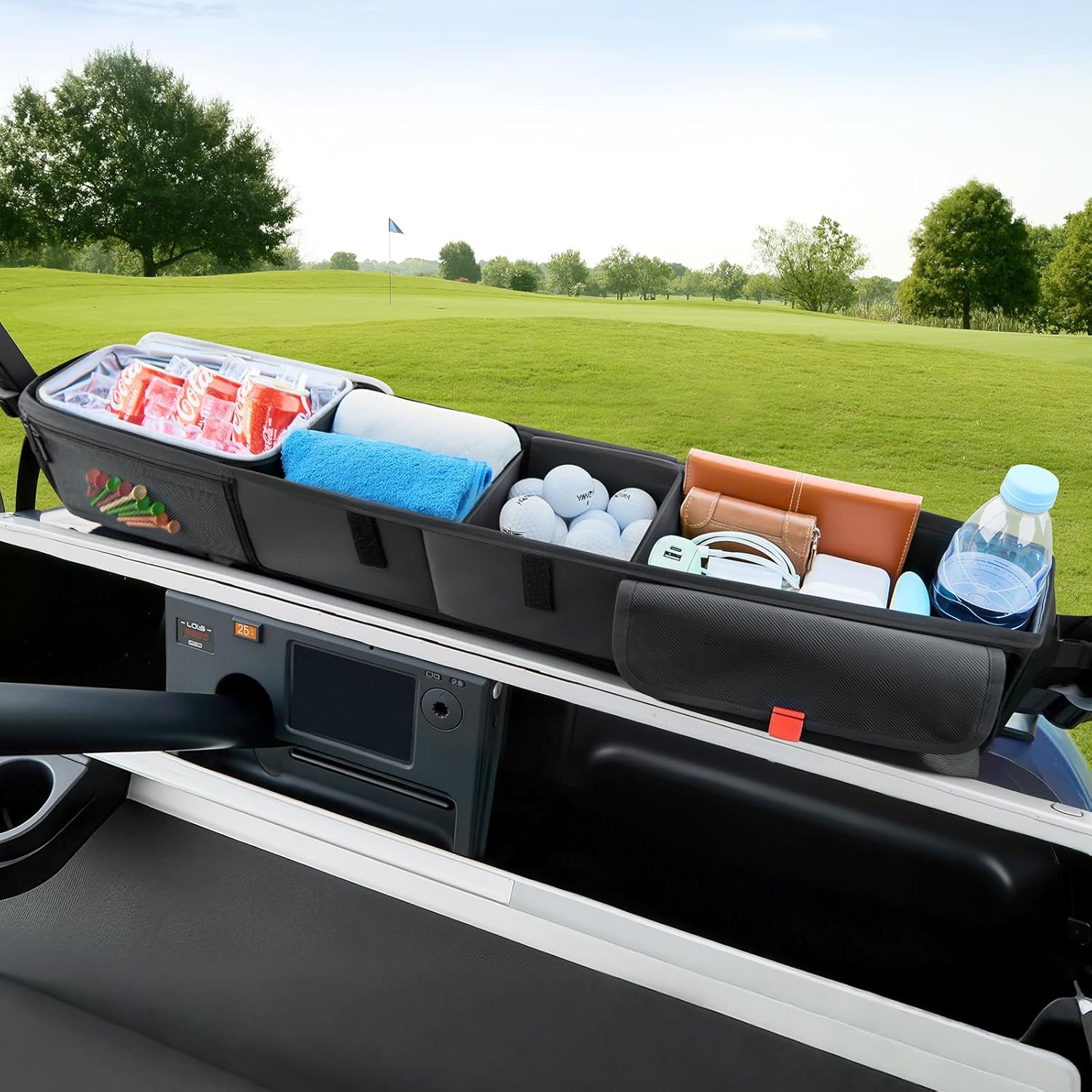 Tecoom Upgraded Golf Cart Front Storage Basket Compatible with Yamaha EZGO Drive Club Car Golf Carts, No-Drilling Foldable Organizer 1680D with Cooling Compartment, Black