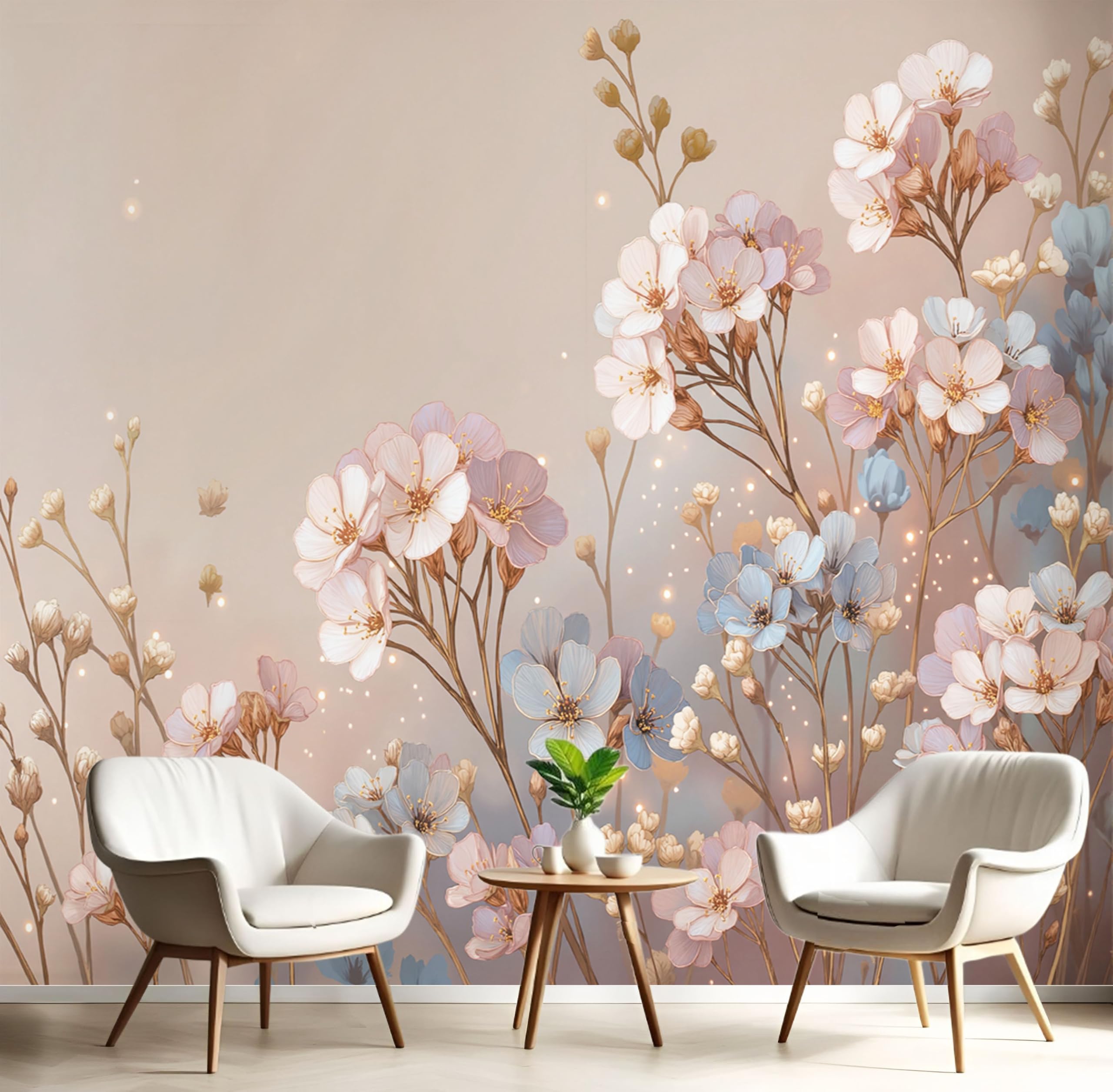 Papier Peint Panoramique Fleurs Sauvages Aquarelle 250x175cm Beige