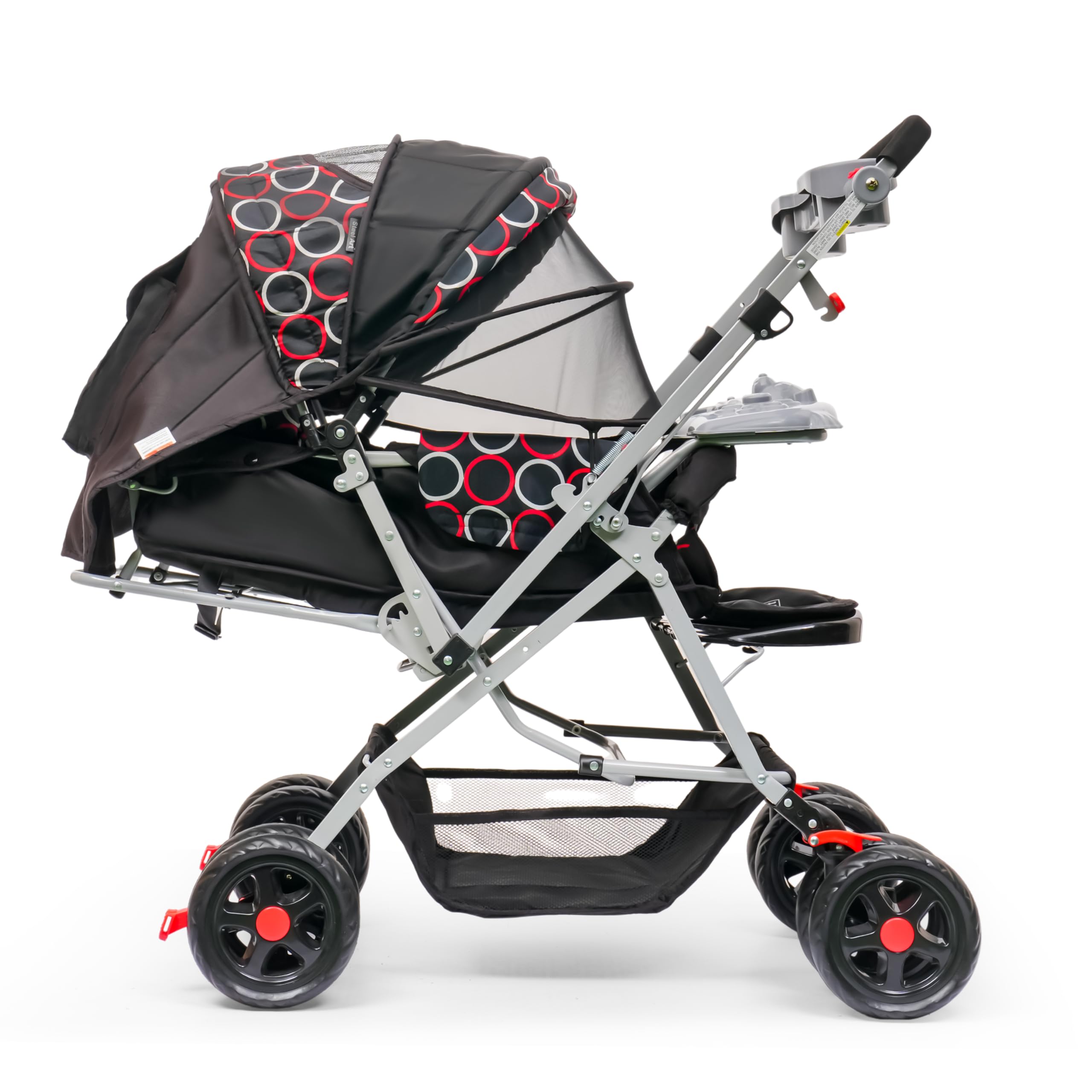 Art Baby Stroller with Canopy, Foldable Pram, Circle Print, Tray, Storage Basket, Black and Red-image-41