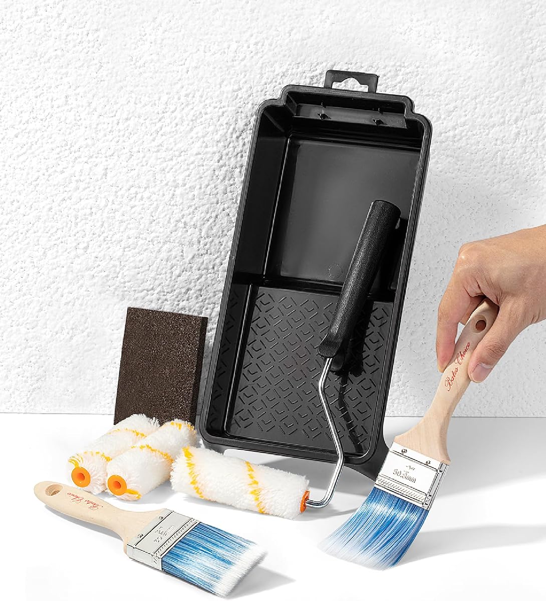 Bates- 4 Inch Paint Roller Kit, 8 pcs, 1x Plastic Paint Tray, 1x Roller Frame 4", 3X Microfiber Covers 4", 2X Flat Brushes 2", 1x Sanding Sponge