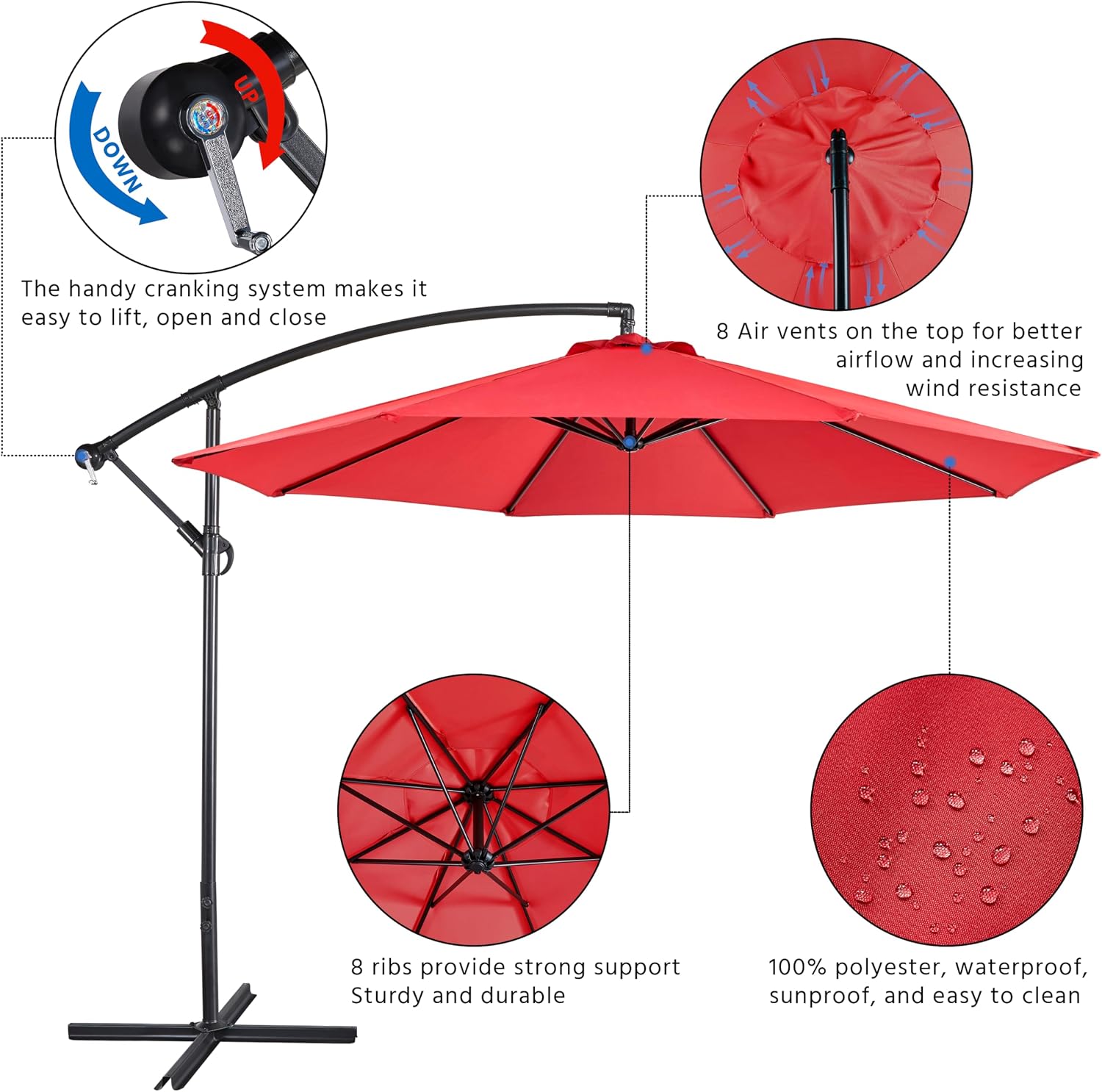 Yaheetech 10FT Patio Offset Umbrella - Cantilever Hanging Outdoor Umbrellas w/UV Protection & 8 Ribs & Handy Crank & Cross Base for Market/Garden/Lawn/Deck/Backyard/Pool - Red