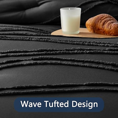 Miniatura 6 de Gemarwel Juego de edredón negro tamaño individual, edredón blanco suave de 2 piezas, juego de ropa de cama y colecciones ligero bohemio copetudo