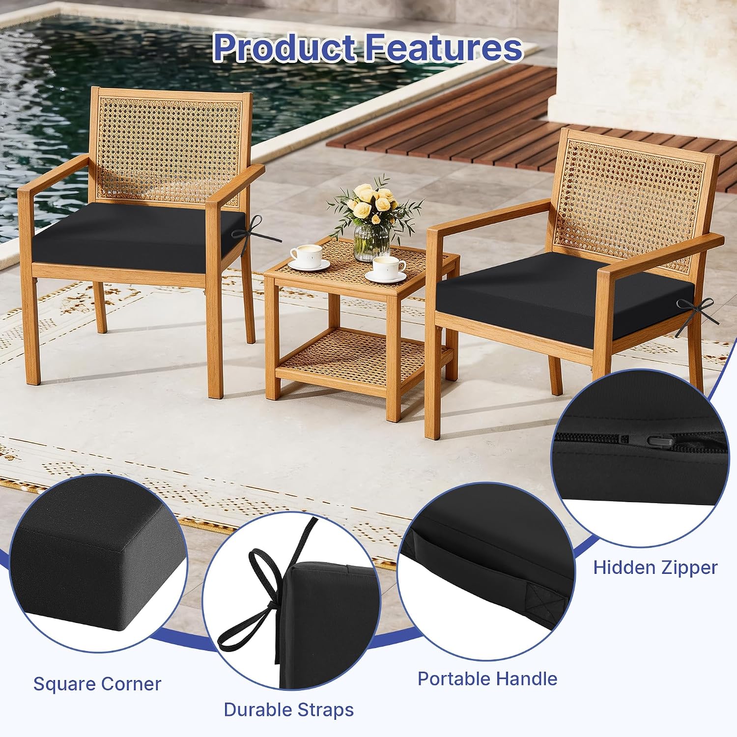 Outdoor Chair Cushions Set of 4 for Outdoor Patio Furniture, Waterproof Patio Seat Cushions with Handle & Ties, 3 Year Color Fastness Square Garden Sofa Couch Pads, 19" x 19" x 3", Black