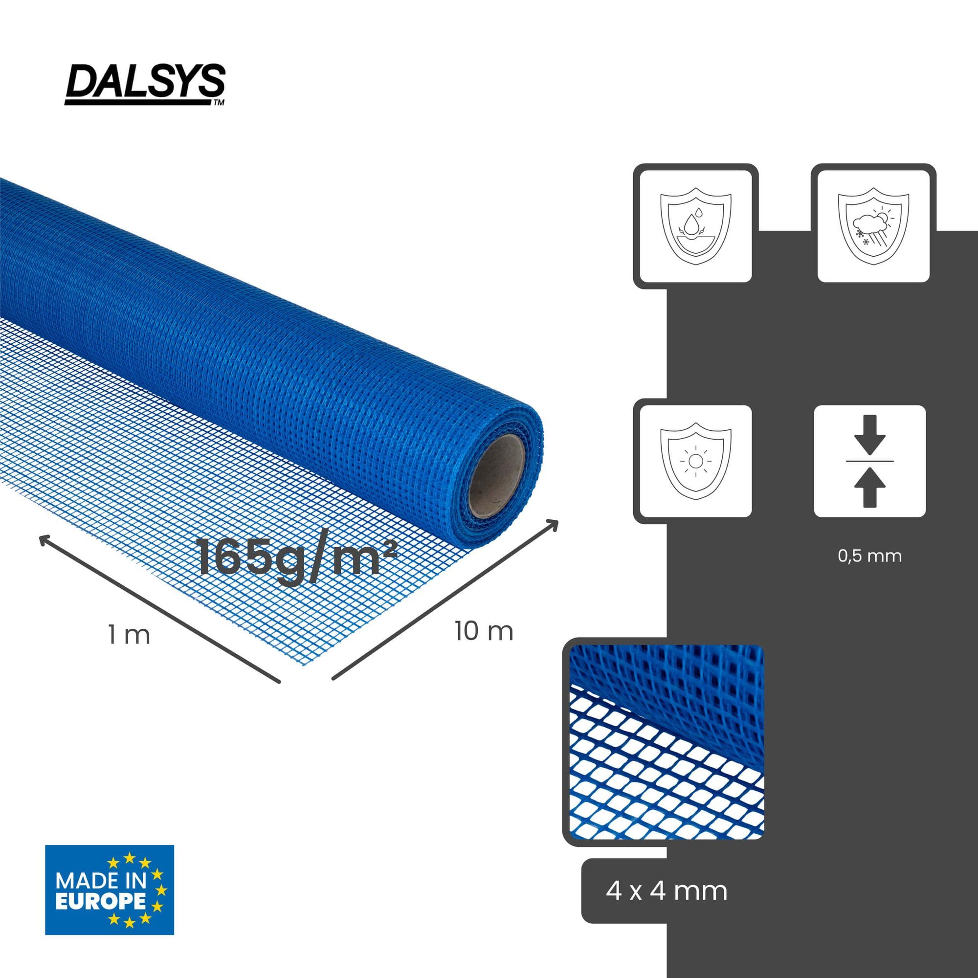 10m Tissu de renfort 165g/m², 4 x 4mm, fibre de verre pour ETICS et VWS